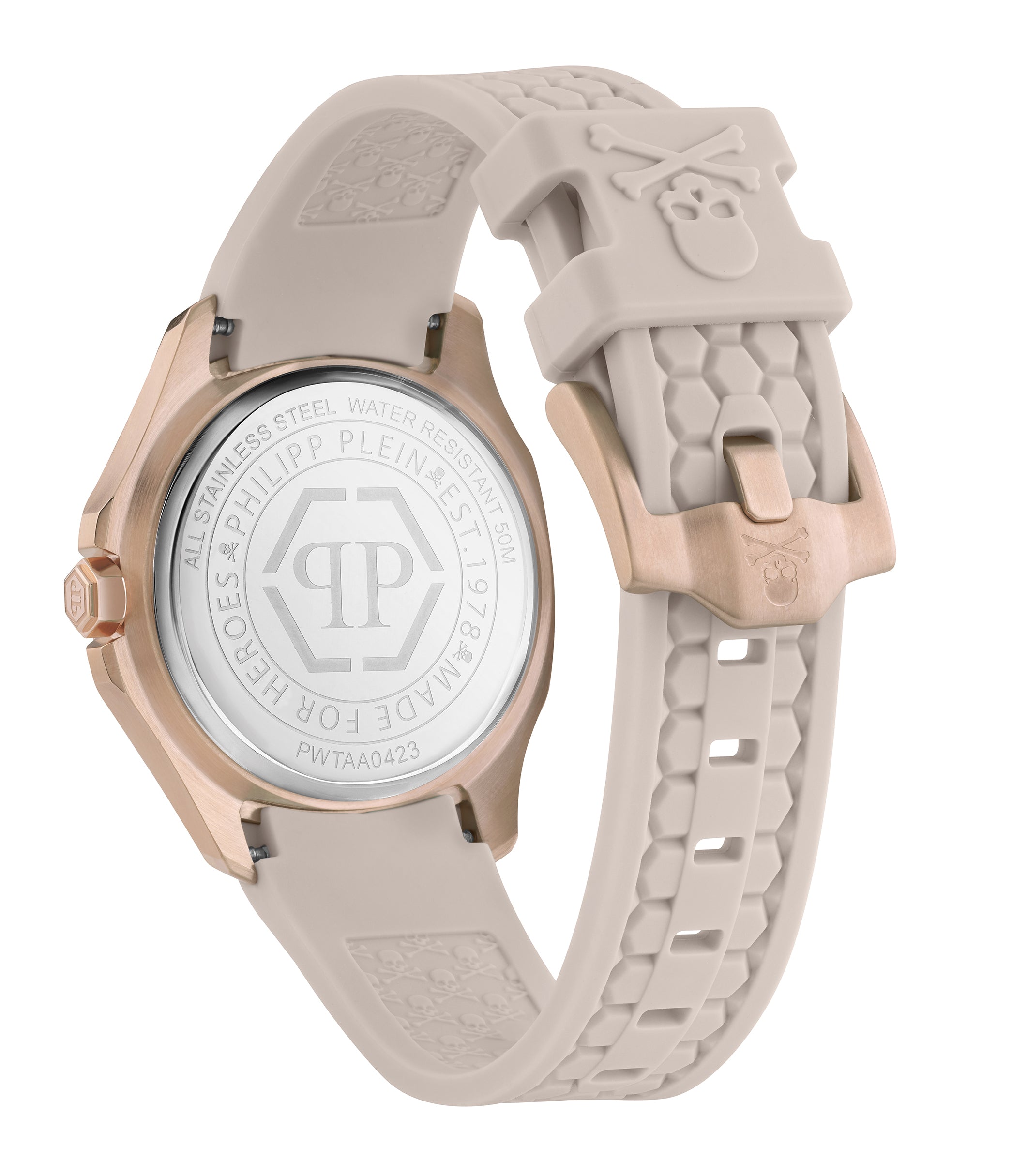 Die Philipp Plein Armbanduhr - The Spectre besticht durch ihr beigefarbenes Design mit roségoldenem Gehäuse, Logogravur und einem Silikonarmband mit Totenkopfdetail und dezentem Sechseckmuster.