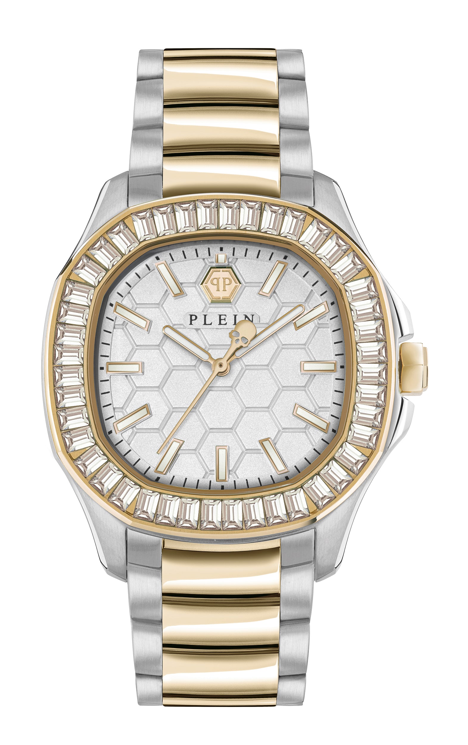 Die Philipp Plein Armbanduhr - The Spectre ist eine luxuriöse Damenuhr in Silber und Gold mit sechseckigem Muster auf weißem Zifferblatt und funkelnden Kristallakzenten am Gehäuse.