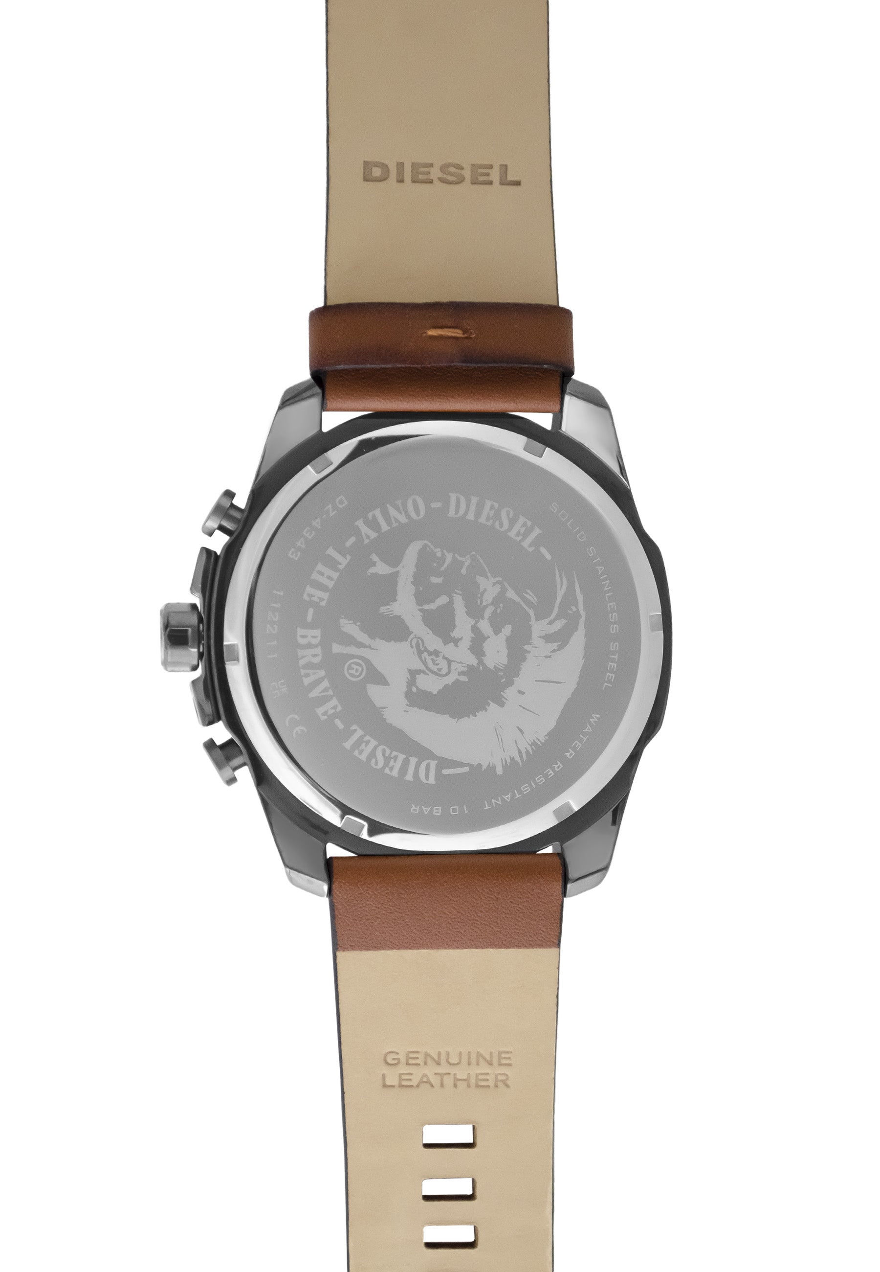 Diesel Armbanduhr mit schwarzem Zifferblatt mit silber-goldenen Indizes, Chronographenwerk, schwarzem Edelstahlband und braunem Lederband; Zusatzbild