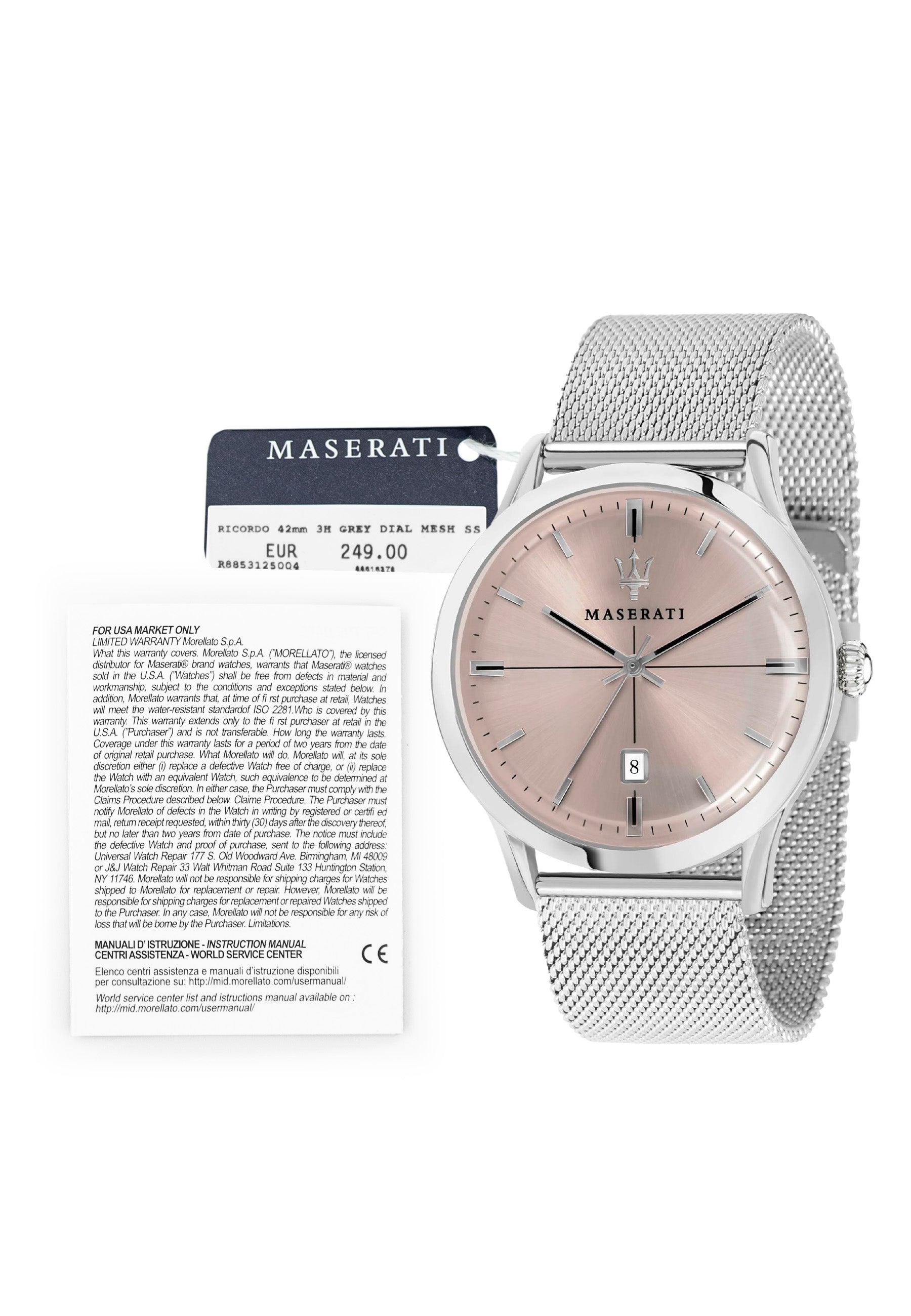 Maserati Armbanduhr mit silbernem Zifferblatt mit Guilloche-Verziehrung, silbernem Gehäuse und silbernem Meshband Zusatzbild