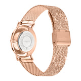 Liebeskind Berlin Armbanduhr mit beigem Zifferblatt, roségoldenem Gehäuse und roségoldenem, glitzerndem Meshband; Rückansicht