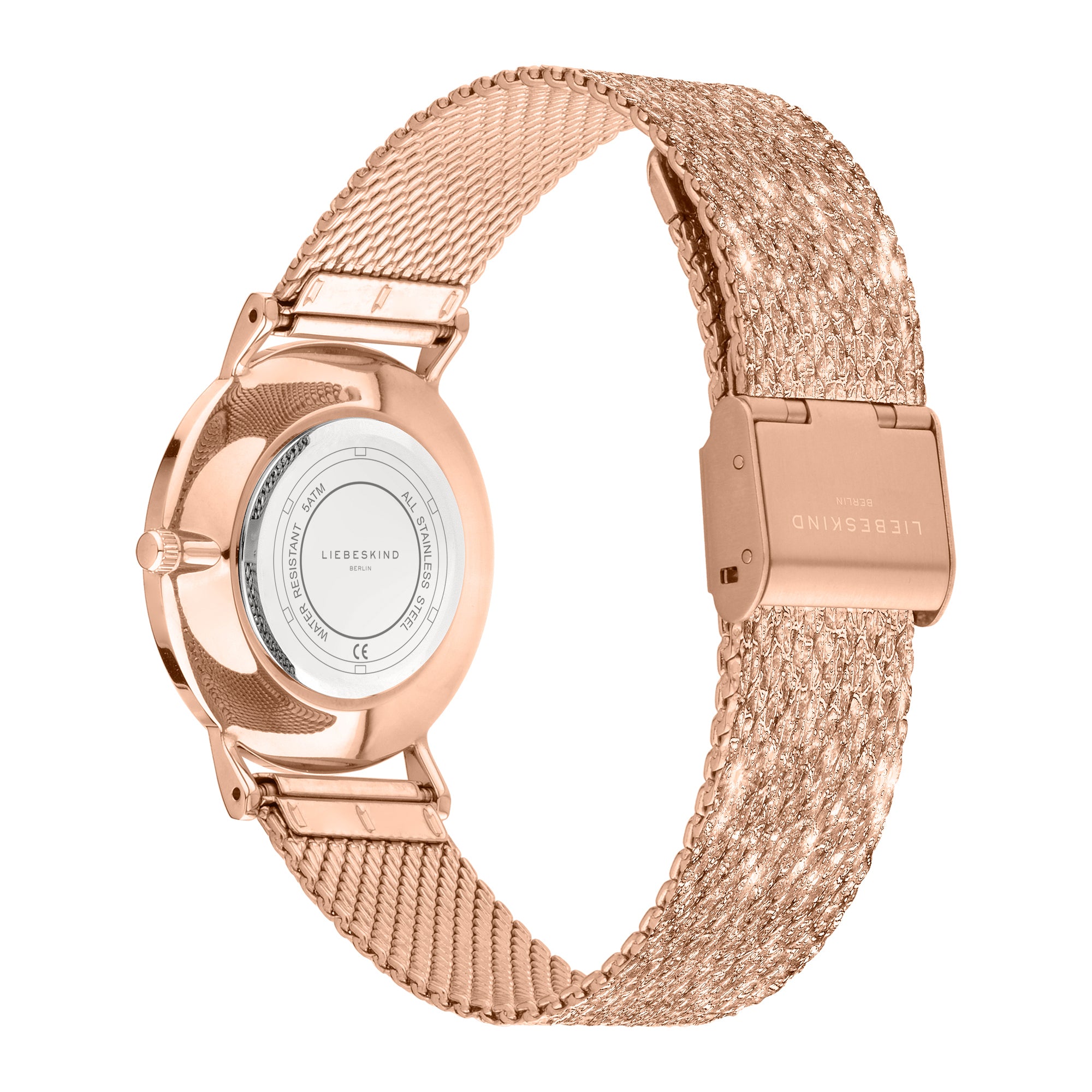 Liebeskind Berlin Armbanduhr mit beigem Zifferblatt, roségoldenem Gehäuse und roségoldenem, glitzerndem Meshband; Rückansicht