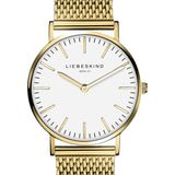 Liebeskind Berlin Armbanduhr mit goldenen Indizes, goldenem Gehäuse und goldenem Meshband; Produktbild