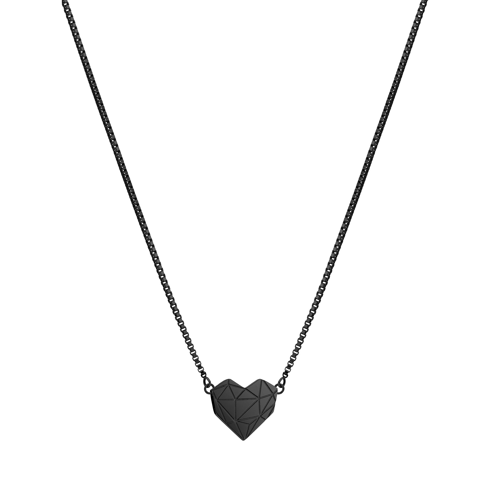 Das LIEBESKIND BERLIN Set - Broken Heart von Liebeskind Berlin besteht aus einer schwarzen Kette mit einem geometrischen, facettierten herzförmigen Anhänger, der auf einem schlichten weißen Hintergrund abgebildet ist.