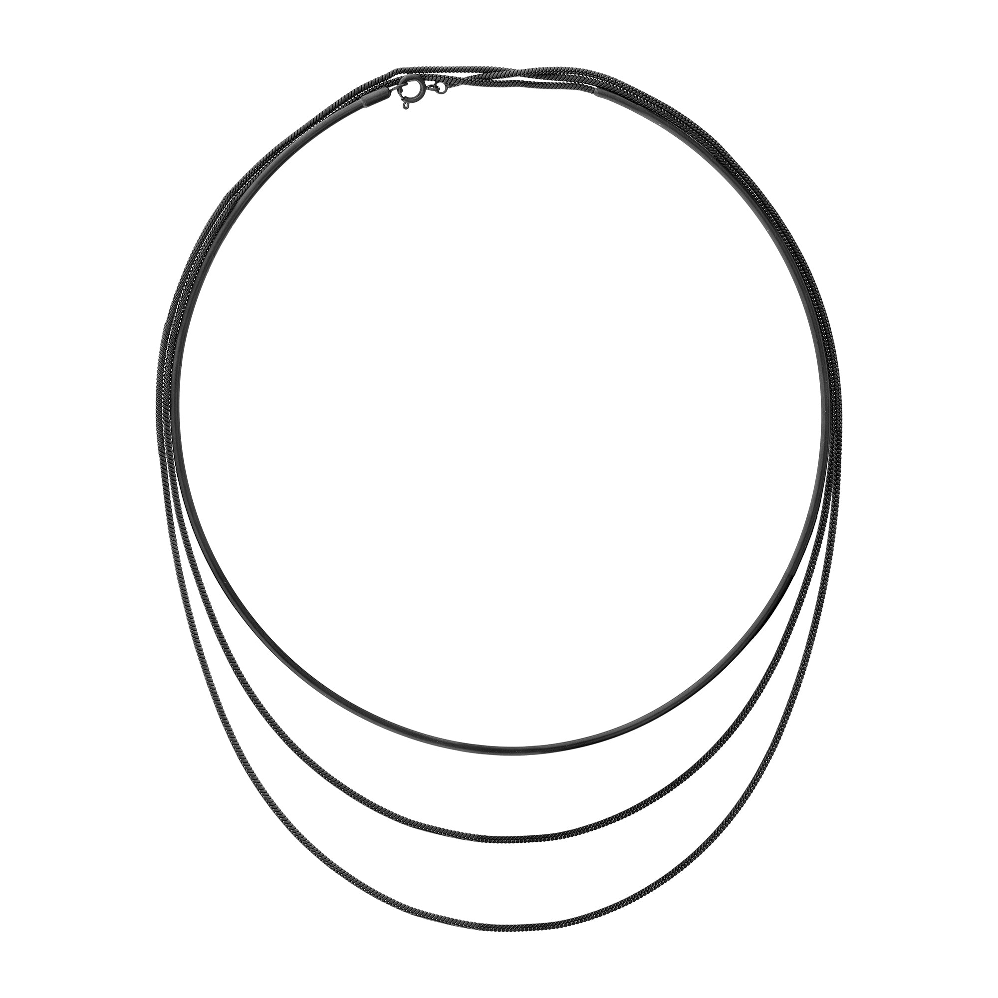 Liebeskind Berlin Halskette bestehend aus einem schwarzen Edelstahlreif und einer schwarzen Schlangenkette; Produktbild