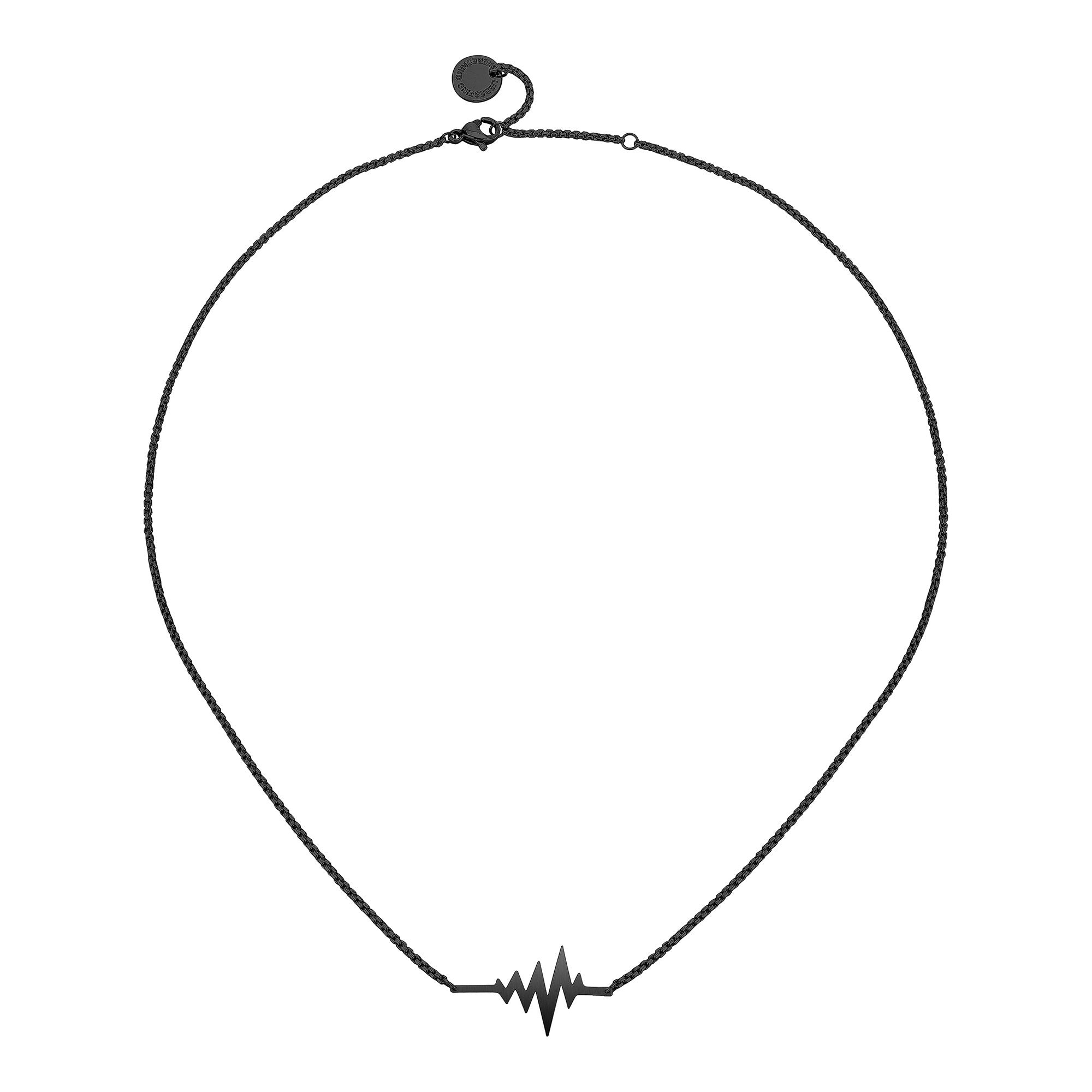 Liebeskind Berlin Halskette bestehend aus einer schwarzen feingliedrigen Kette mit einem Anhänger in Form eines Herzschlags; Zusatzbild