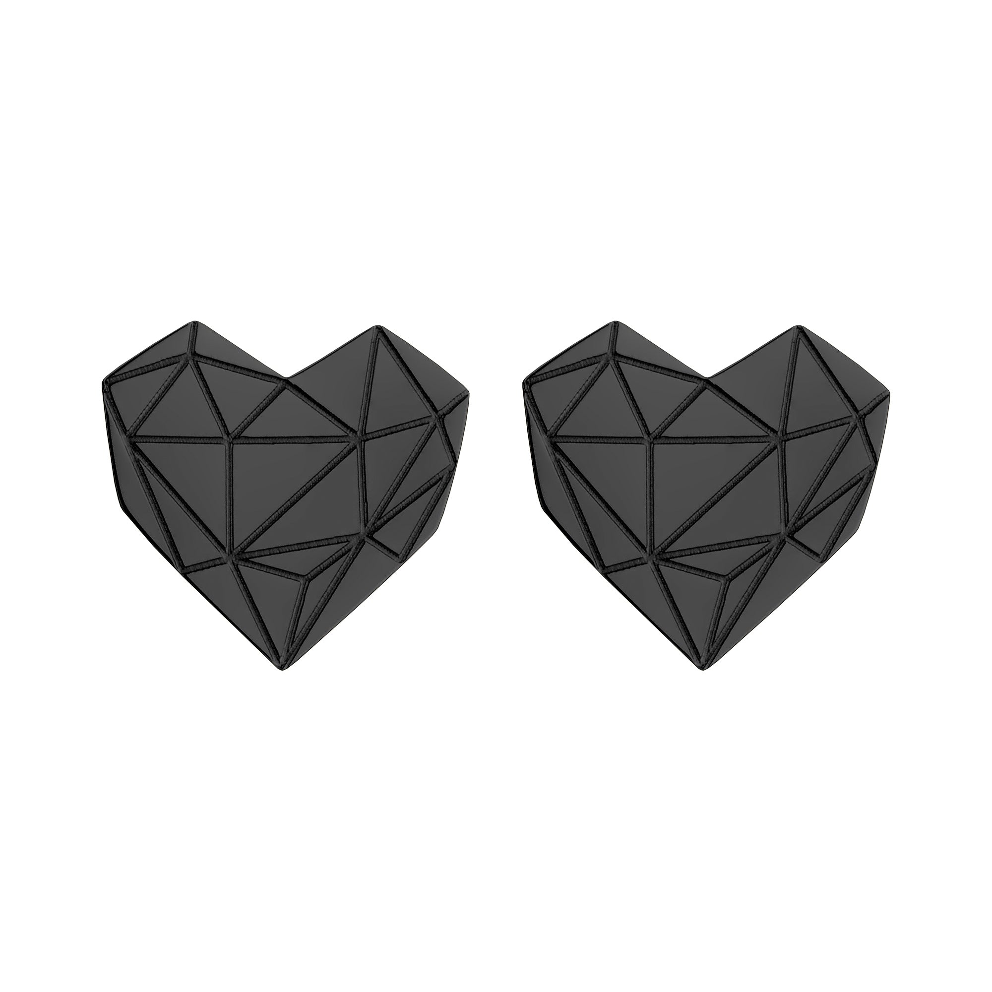Zwei schwarze, geometrische, herzförmige Objekte mit dreieckigen Mustern erinnern an die moderne Eleganz des Liebeskind Berlin Set - Broken Heart, das sich ideal mit Ihren liebsten Roségold Ohrringen kombinieren lässt.