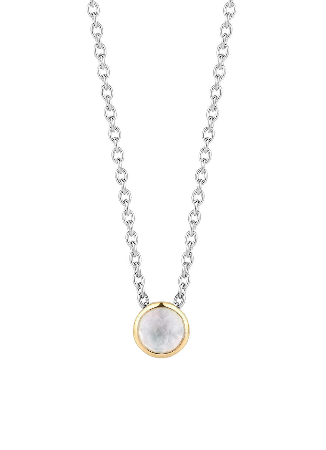 Die Ti Sento Milano Halskette - The Perlmutt Pendant besteht aus einer 925er Silberkette und einem runden, goldumrandeten Perlmutt-Edelstein, der vom eleganten Stil von Ti Sento Milano inspiriert ist.