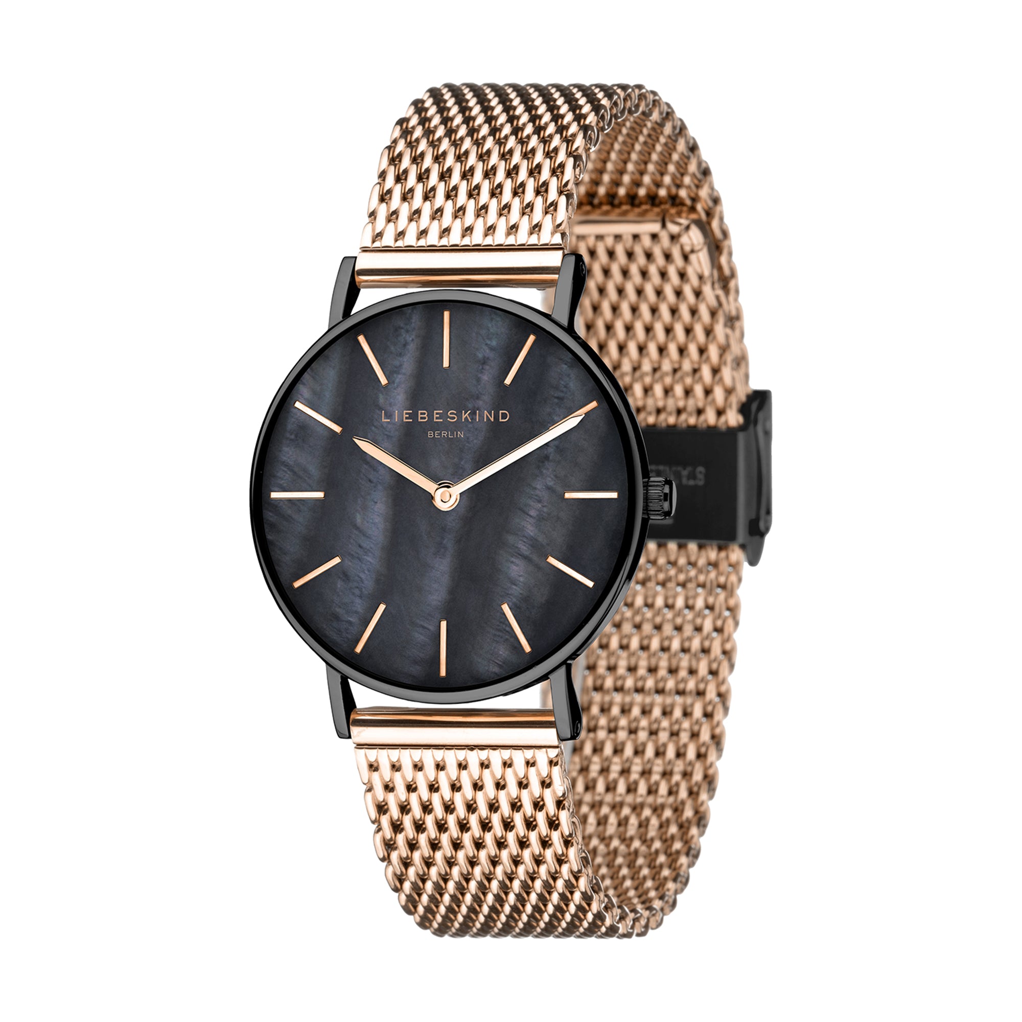 Liebeskind Berlin Armbanduhr mit schwarzem Perlmutt Zifferblatt, roségoldenen Indizes, schwarzem Gehäuse und roségoldenem Meshband; Produktbild