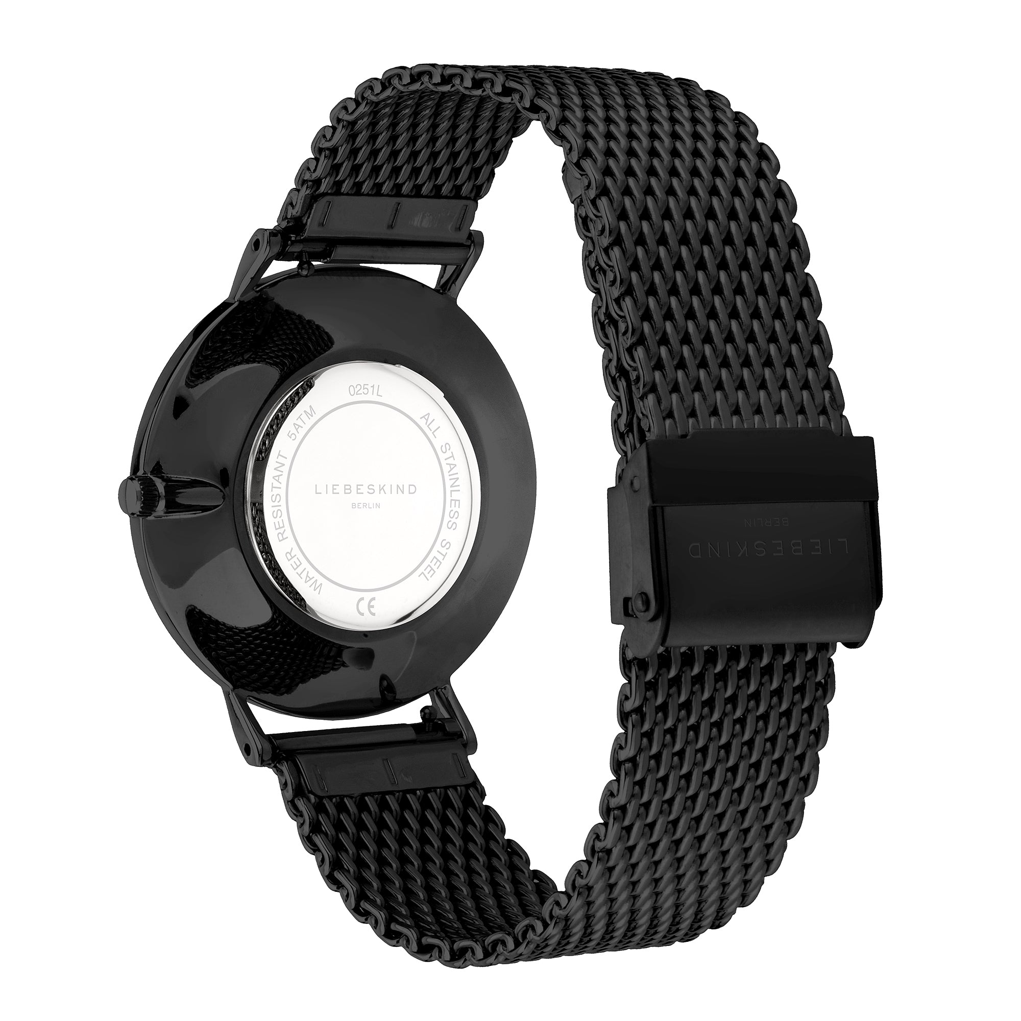 Rückansicht der Liebeskind Berlin Armbanduhr - Keep Loving, eine Damenuhr in schwarz mit einem eleganten Milanaise-Armband aus Mesh-Metall und Schließe.