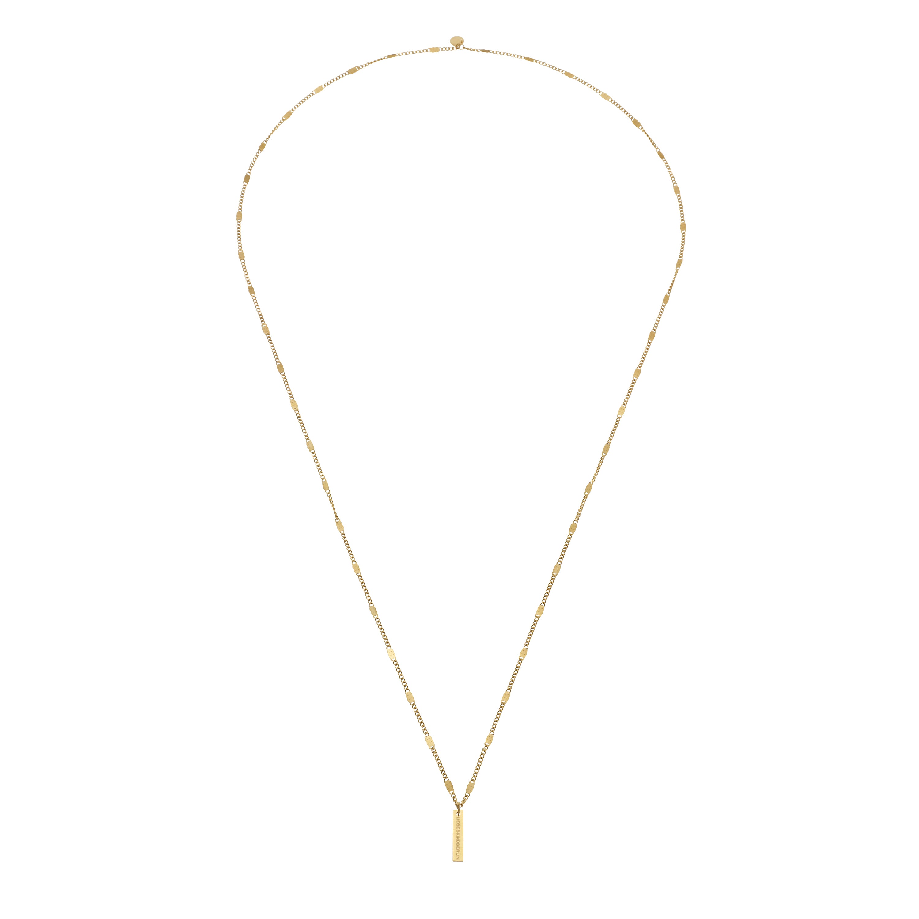 Die LIEBESKIND BERLIN Halskette - Glitter Chain von Liebeskind Berlin ist eine zarte goldene Halskette mit einer langen Kette und einem schlichten rechteckigen Anhänger in eleganter Y-Form.