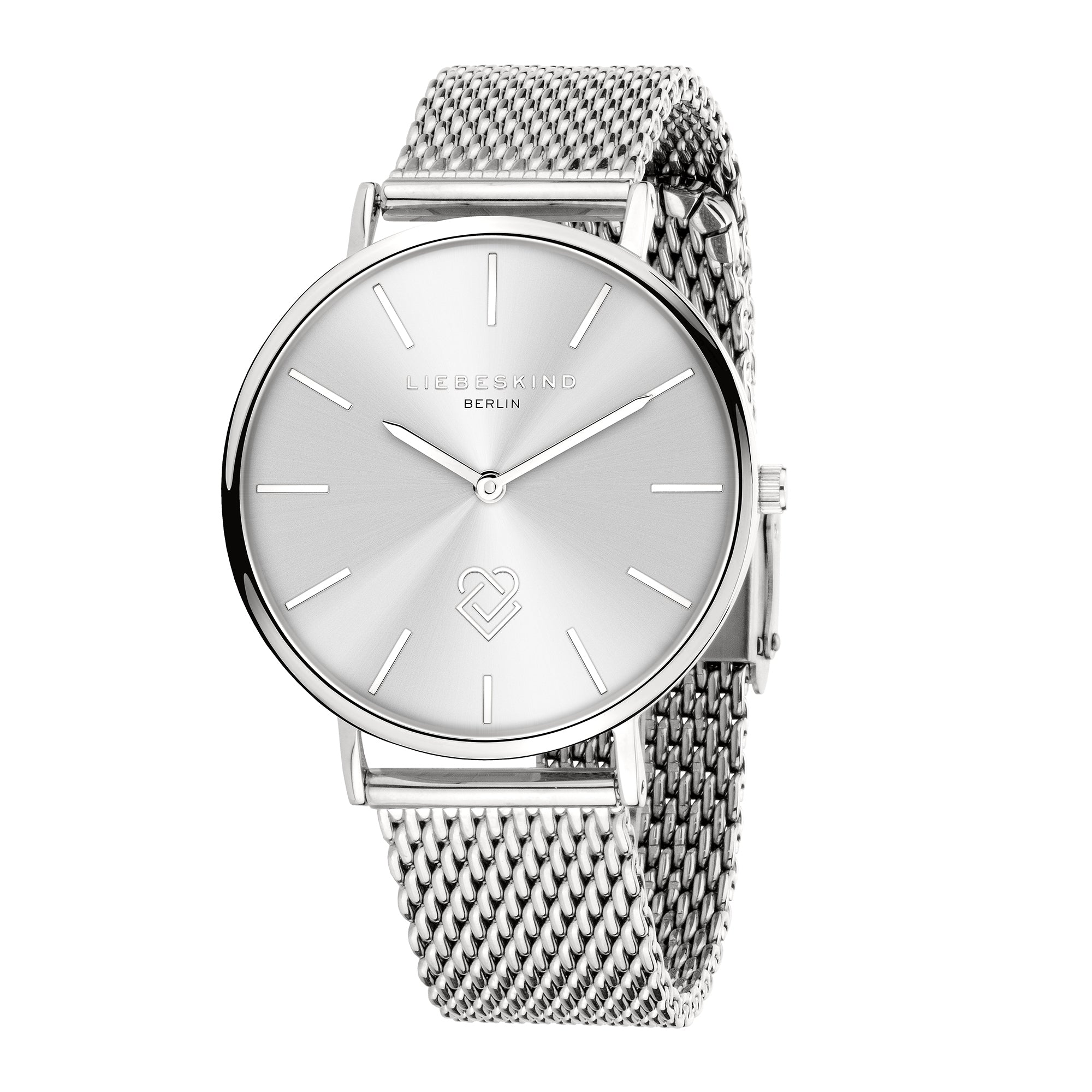 Die LIEBESKIND BERLIN Armbanduhr - Keep Loving von Liebeskind Berlin zeichnet sich durch ein elegantes silbernes Milanaise-Armband und ein minimalistisches Design auf weißem Hintergrund aus.