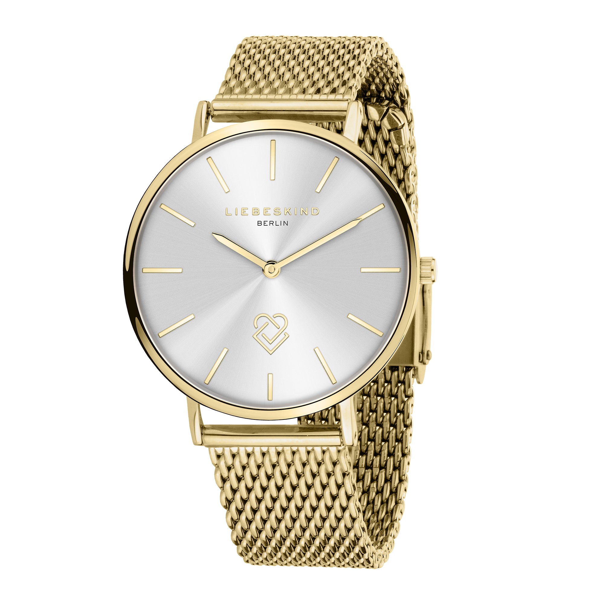 Die LIEBESKIND BERLIN Armbanduhr - Keep Loving von Liebeskind Berlin verfügt über ein goldenes Mesh-Milanaiseband, ein silbernes Zifferblatt mit minimalen Markierungen und ein elegantes Design - perfekt als stilvolle Damenuhr aus Gold.