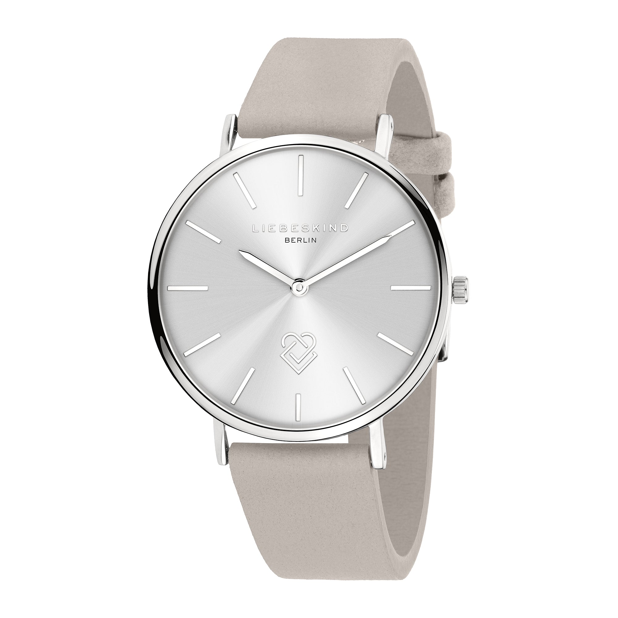 Die LIEBESKIND BERLIN Armbanduhr - Keep Loving zeichnet sich durch ein minimalistisches silbernes Gehäuse, silberne Indexe und ein hellbeiges Lederarmband von Liebeskind Berlin auf einem schlichten weißen Hintergrund aus.