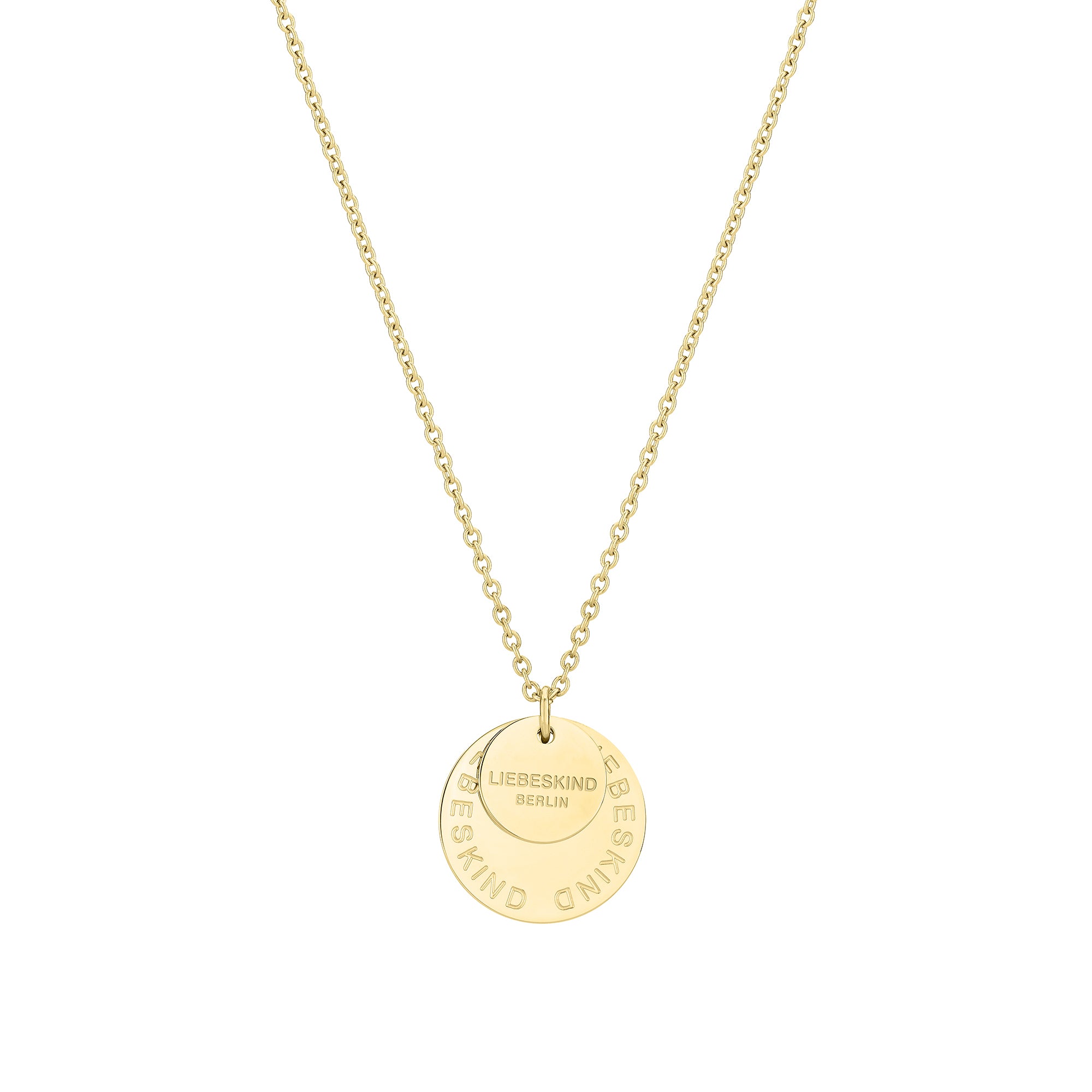 Liebeskind Berlin Halskette mit zwei übereinanderliegenden Logoanhängern in der Farbe gold Produktbild