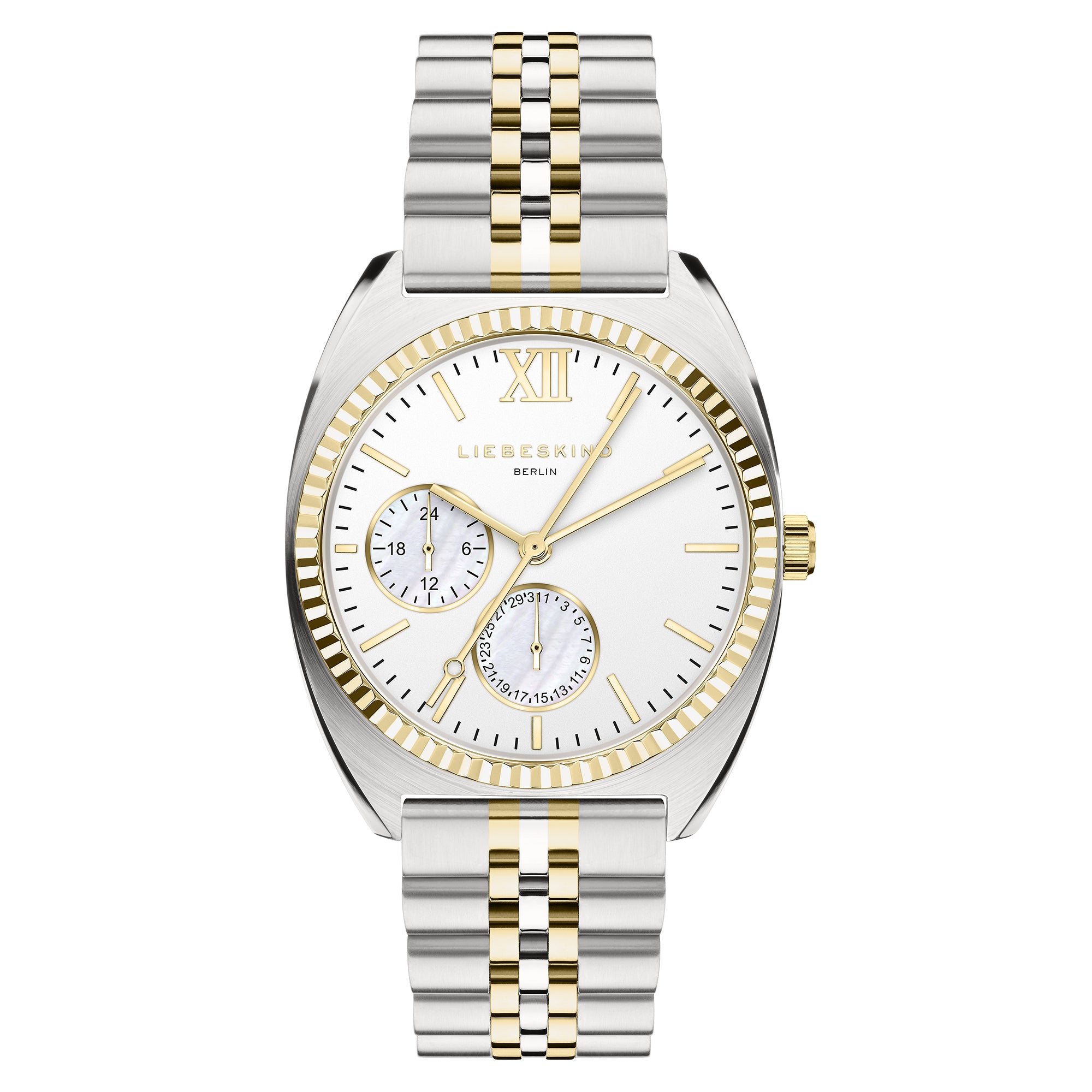 Liebeskind Berlin Armbanduhr mit silbernem Gehäuse, goldener geriffelten Lünette, Multifunktionswerk und bicolor gold silbernem Edelstahlband Produktbild