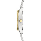 Liebeskind Berlin Armbanduhr mit silbernem Gehäuse, goldener geriffelten Lünette, Multifunktionswerk und bicolor gold silbernem Edelstahlband Seitenansicht