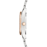 Liebeskind Berlin Armbanduhr mit silbernem Gehäuse, roségoldener geriffelten Lünette, Multifunktionswerk und bicolor roségold silbernem Edelstahlband Seitenansicht