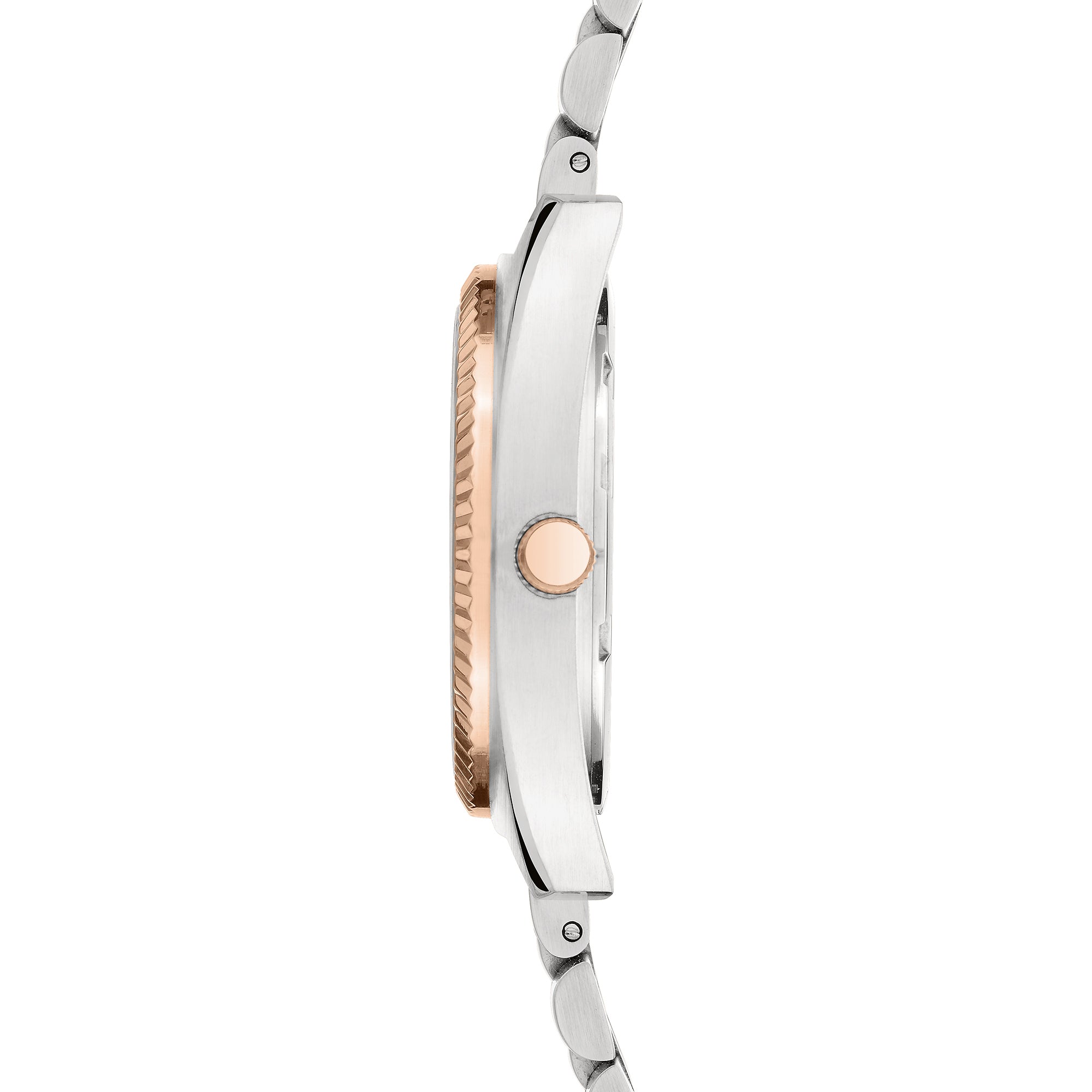 Liebeskind Berlin Armbanduhr mit silbernem Gehäuse, roségoldener geriffelten Lünette, Multifunktionswerk und bicolor roségold silbernem Edelstahlband Seitenansicht