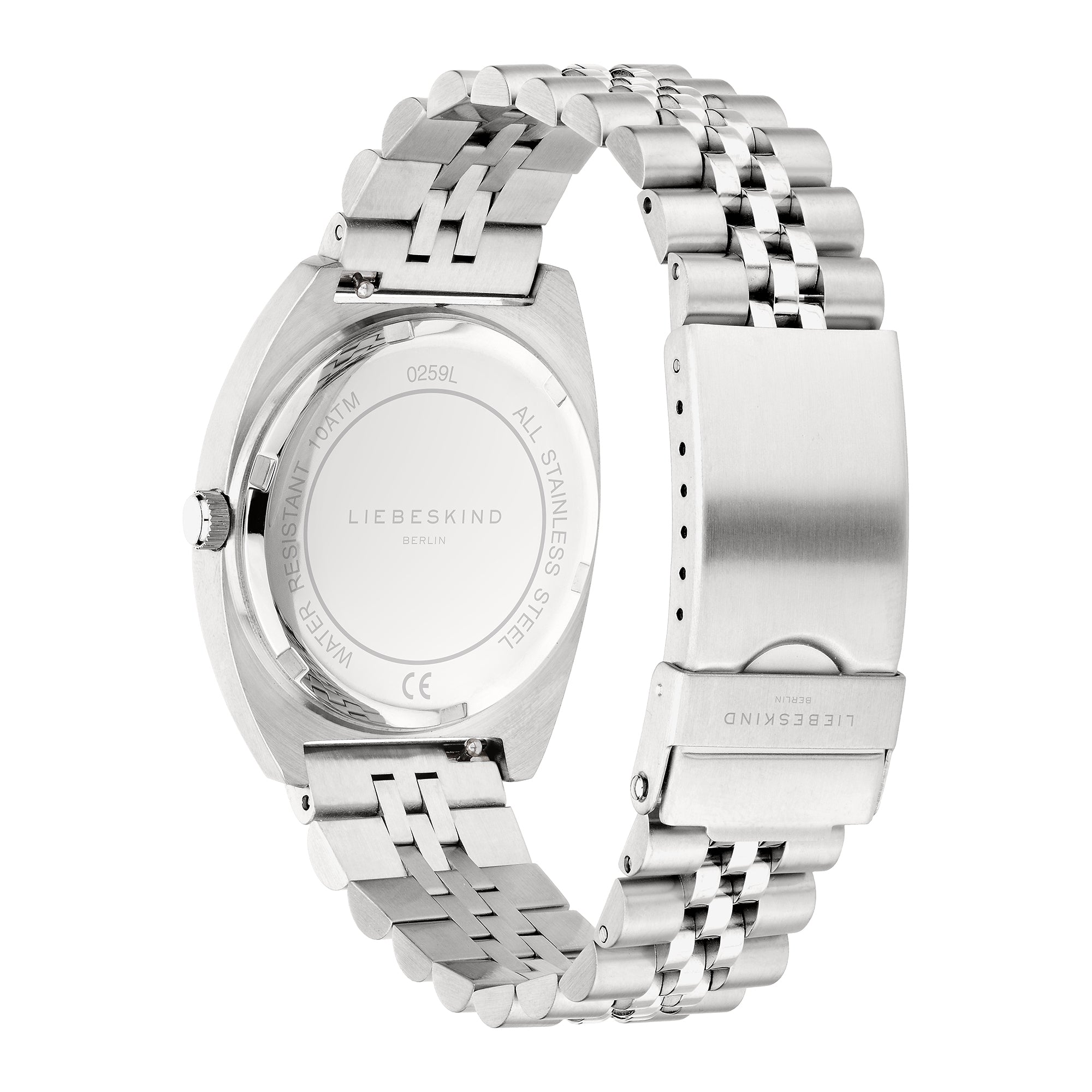 Liebeskind Berlin Armbanduhr mit silbernem Zifferblatt, geriffelter Lünette, silbernem Gehäuse, Multifunktionswerk und silbernem Edelstahlband Rückansicht