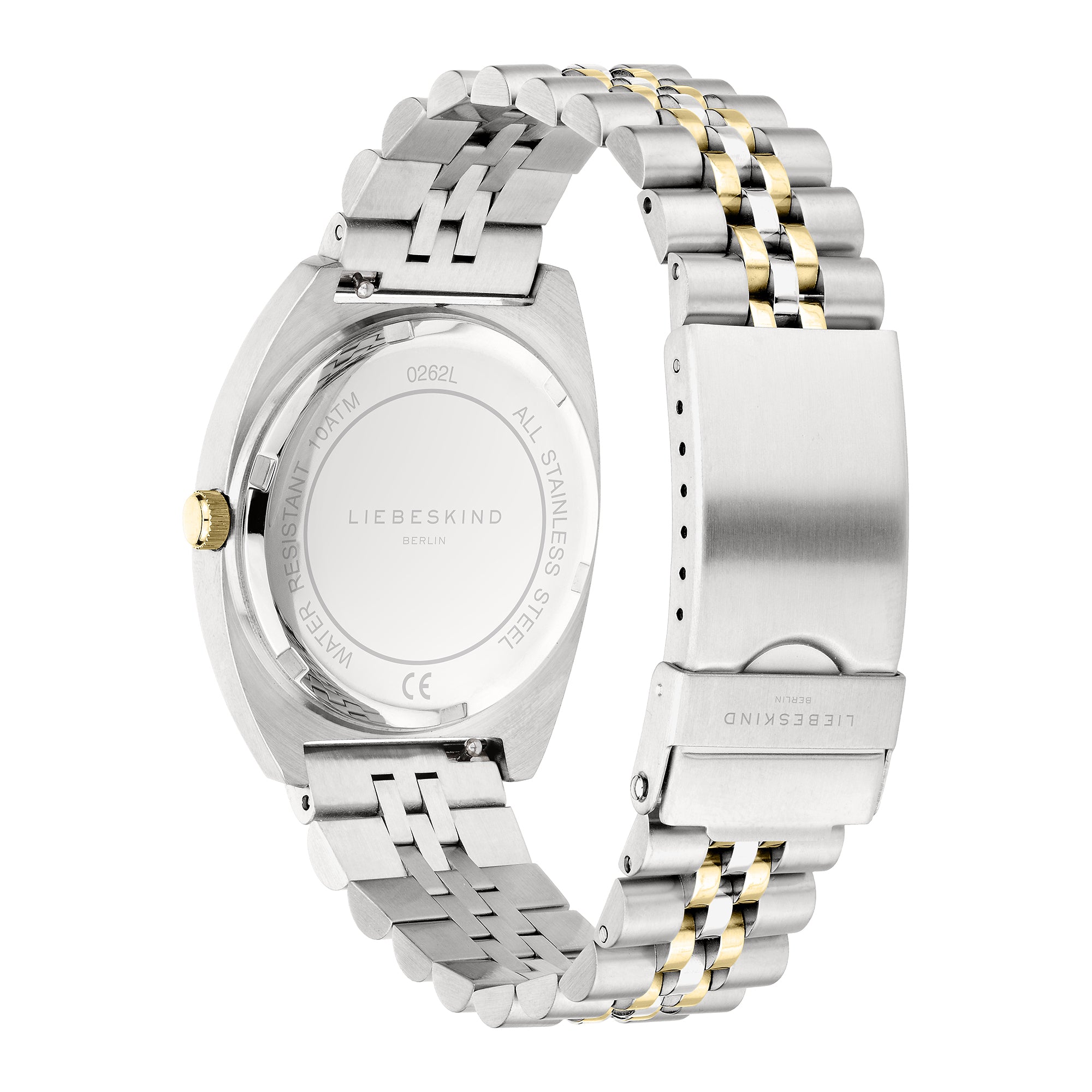 Liebeskind Berlin Armbanduhr mit silbernem Gehäuse, goldener geriffelten Lünette, Multifunktionswerk und bicolor gold silbernem Edelstahlband Rückansicht
