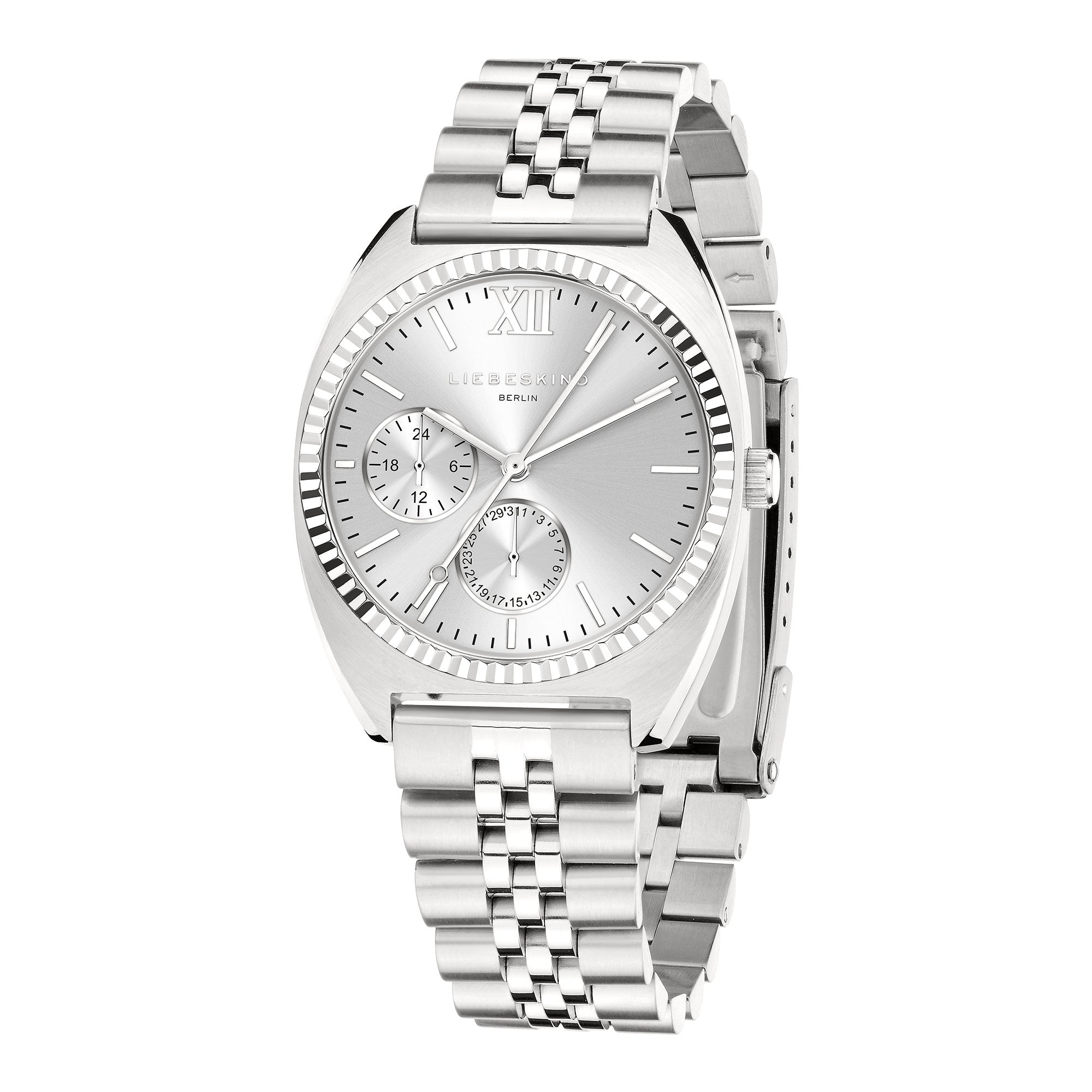 Liebeskind Berlin Armbanduhr mit silbernem Zifferblatt, geriffelter Lünette, silbernem Gehäuse, Multifunktionswerk und silbernem Edelstahlband Zusatzbild