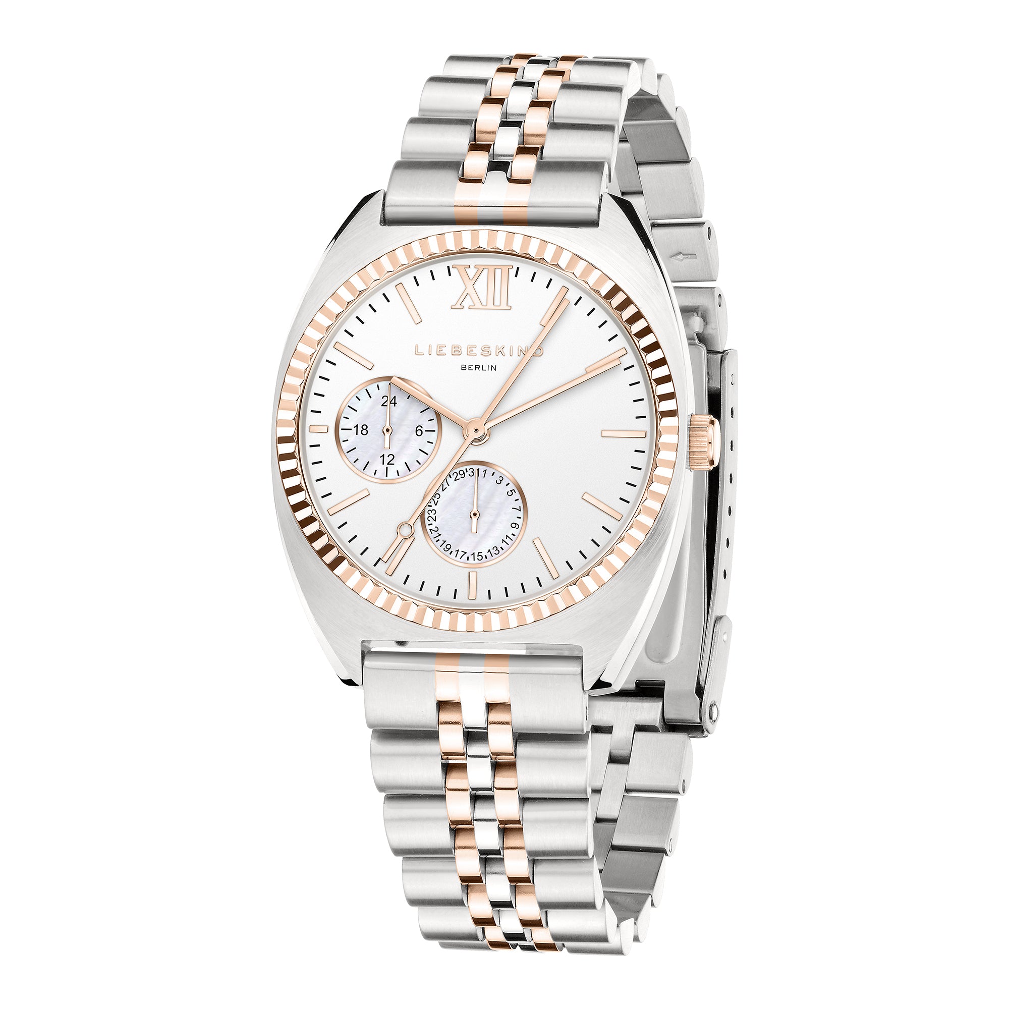 Liebeskind Berlin Armbanduhr mit silbernem Gehäuse, roségoldener geriffelten Lünette, Multifunktionswerk und bicolor roségold silbernem Edelstahlband Zusatzbild