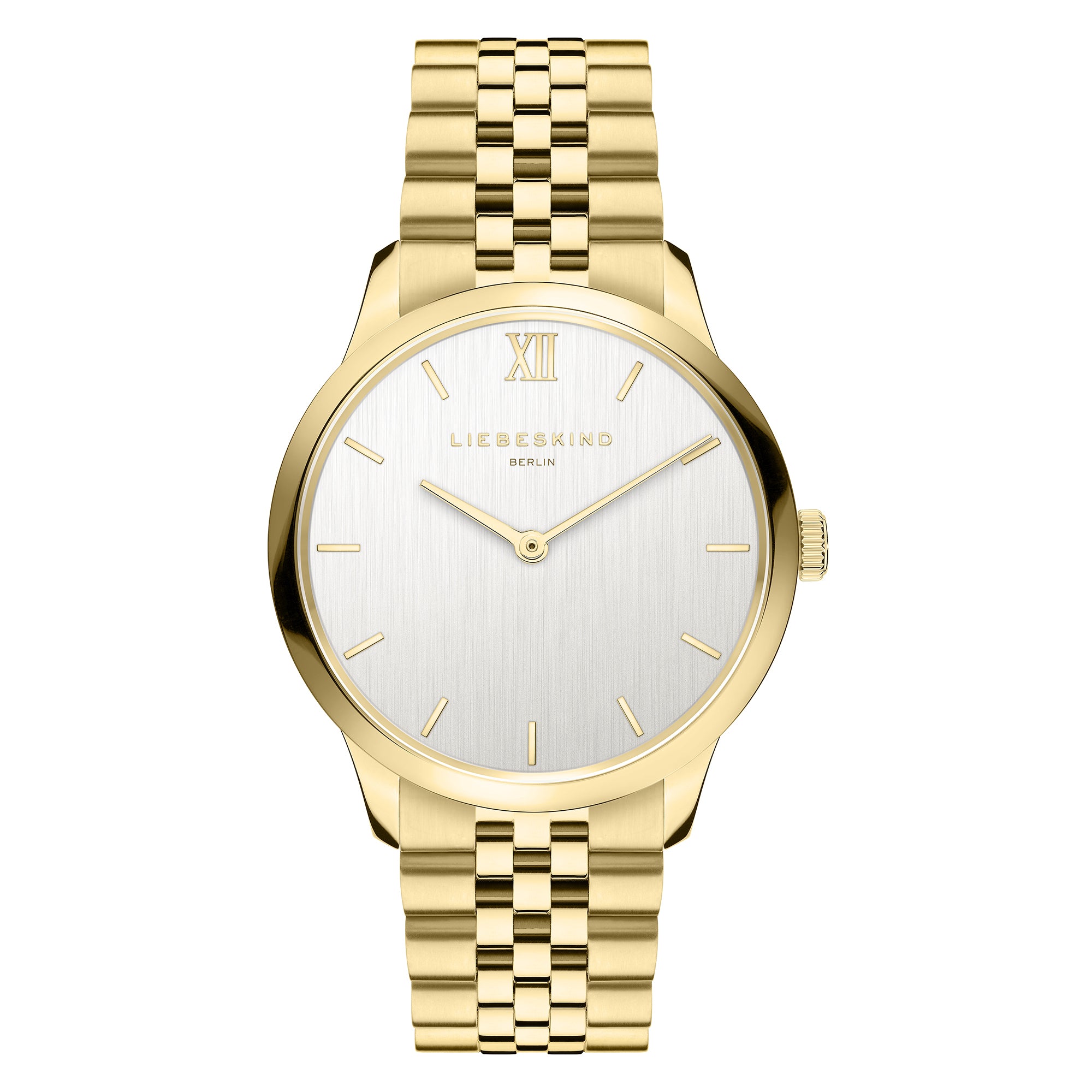 Liebeskind Berlin Armbanduhr mit gebürstetem Edelstahl-Zifferblatt, goldenem Gehäuse und goldenem Edelstahlband Produktbild