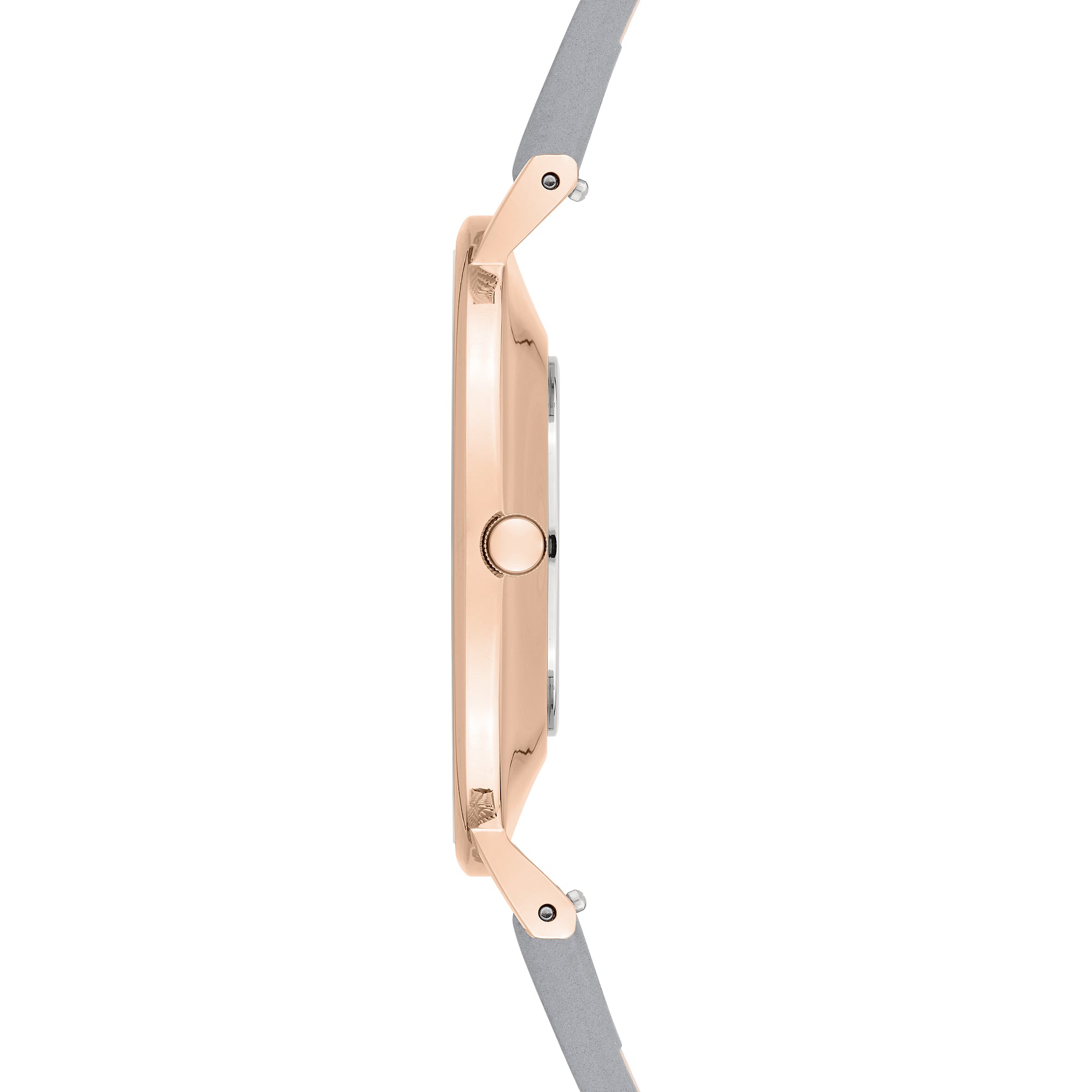 Liebeskind Berlin Armbanduhr mit grauem Zifferblatt, roségoldenem Gehäuse und grauem Lederband Seitenansicht