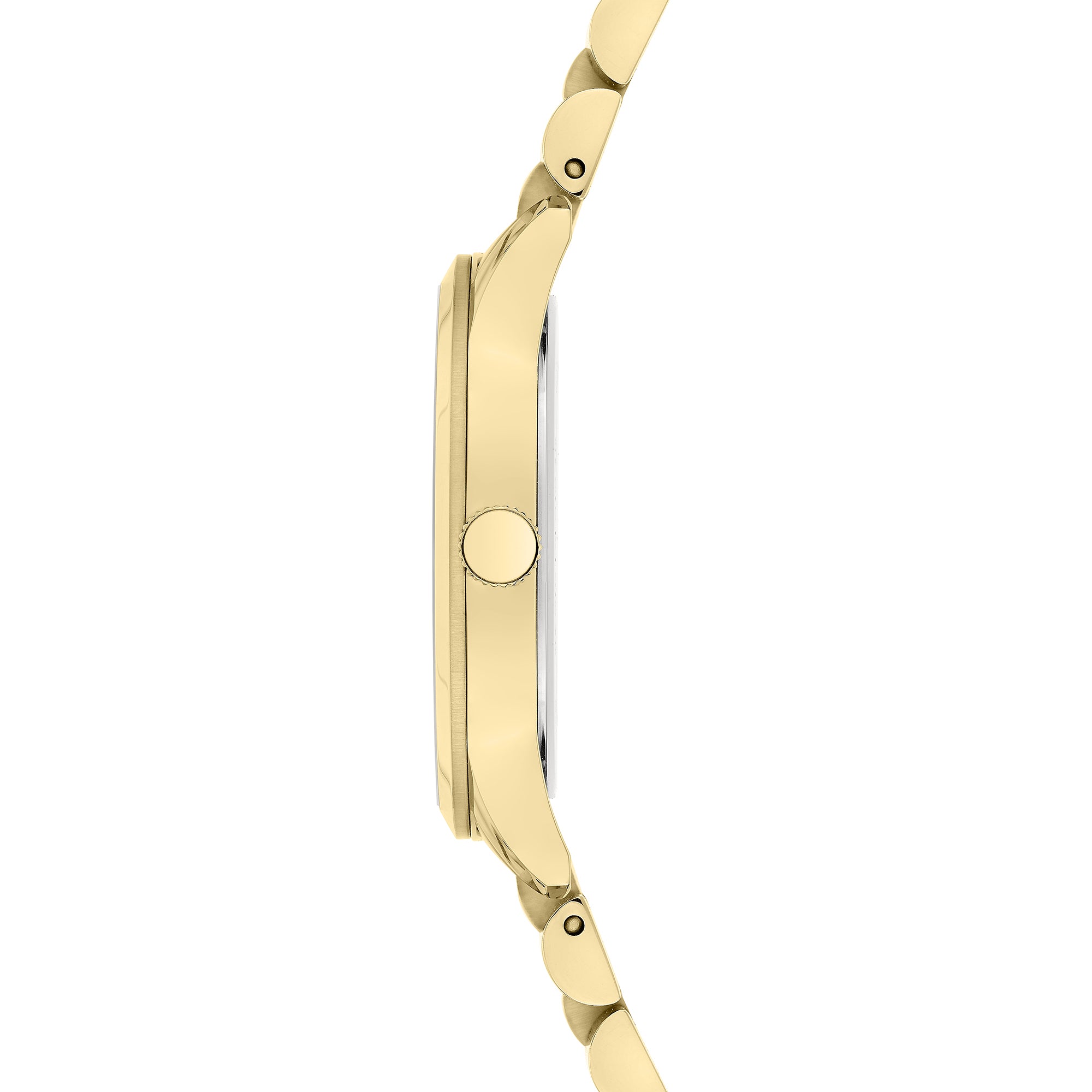 Liebeskind Berlin Armbanduhr mit gebürstetem Edelstahl-Zifferblatt, goldenem Gehäuse und goldenem Edelstahlband Seitenansicht