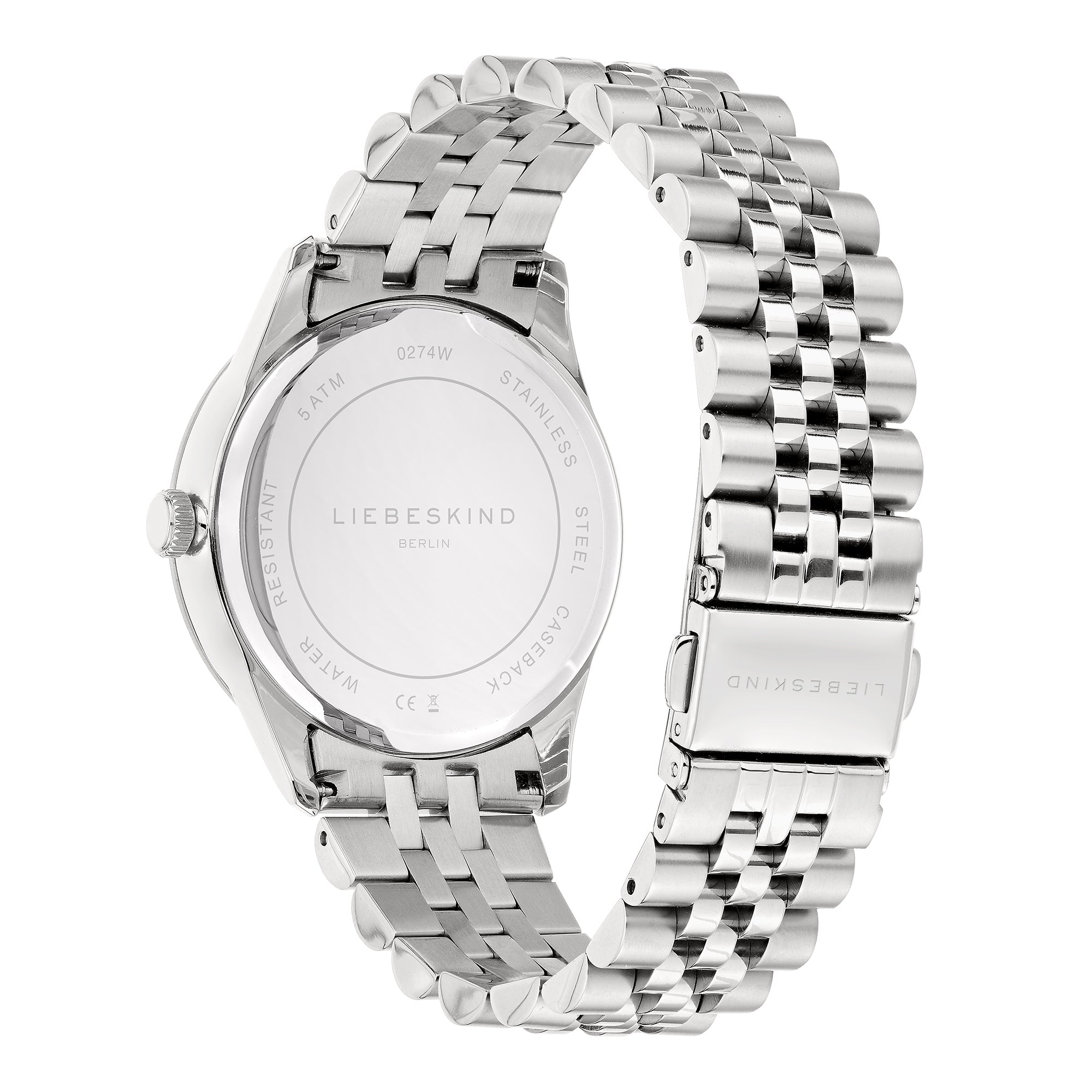 Die Rückansicht der LIEBESKIND BERLIN Armbanduhr - The Classy von Liebeskind Berlin zeigt ein schlankes Edelstahlgehäuse und ein raffiniertes Metallglieder-Edelstahlarmband.