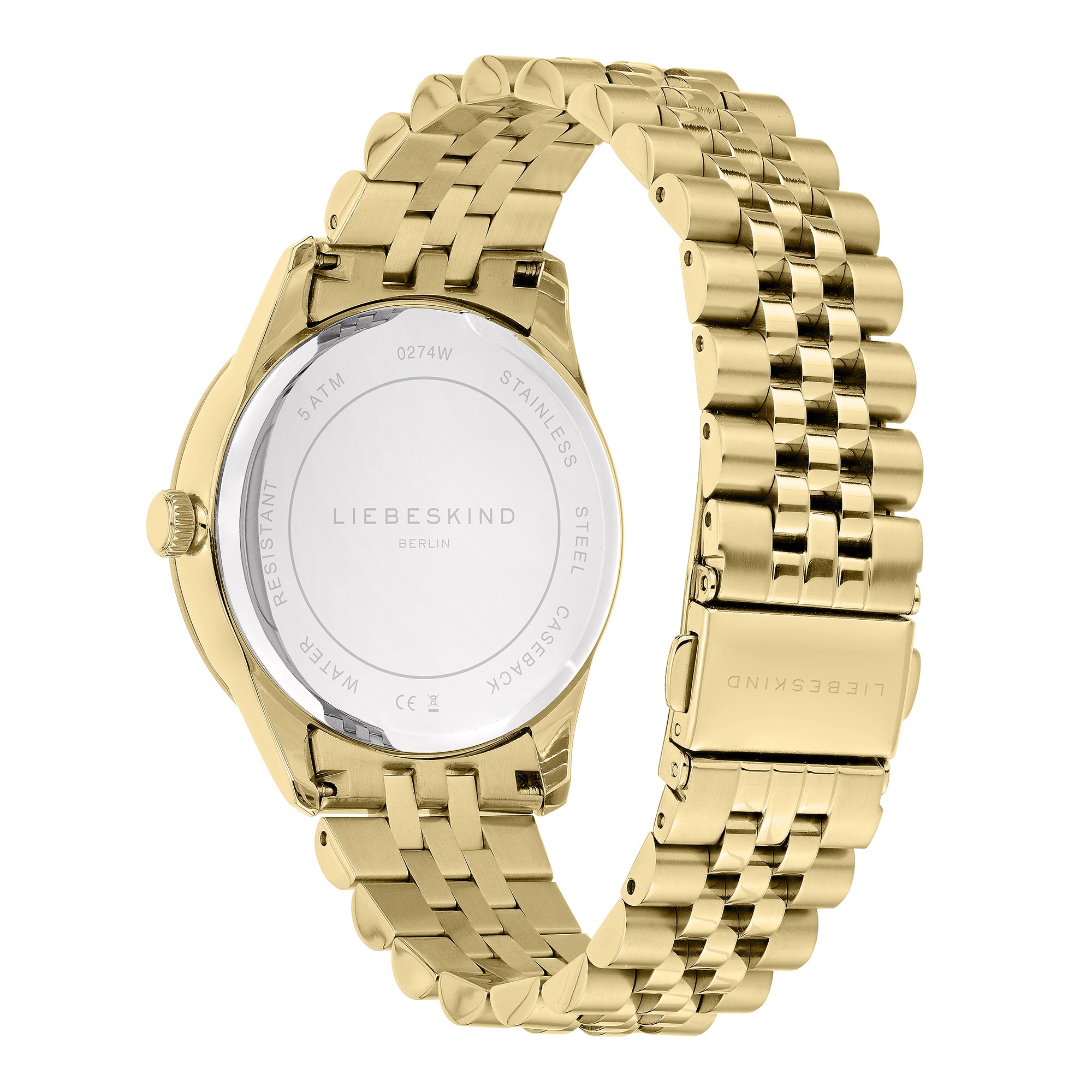 Liebeskind Berlin Armbanduhr mit gebürstetem Edelstahl-Zifferblatt, goldenem Gehäuse und goldenem Edelstahlband Rückansicht