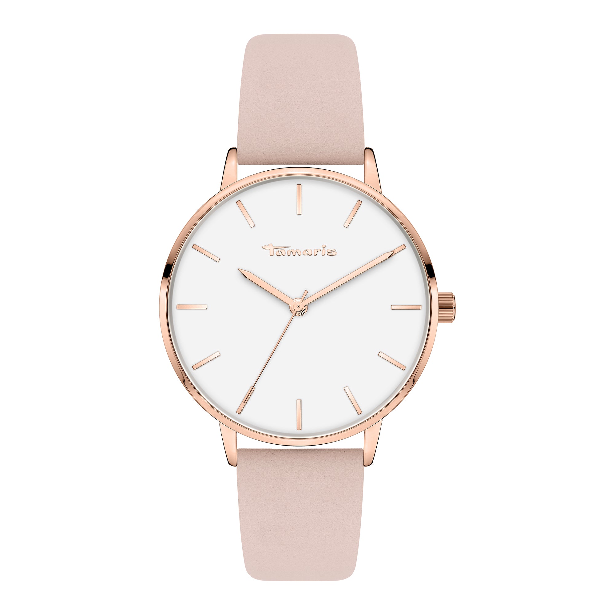 Tamaris Armbanduhr mit roségoldenem Gehäuse und Indizes und rosa Lederband Produktbild