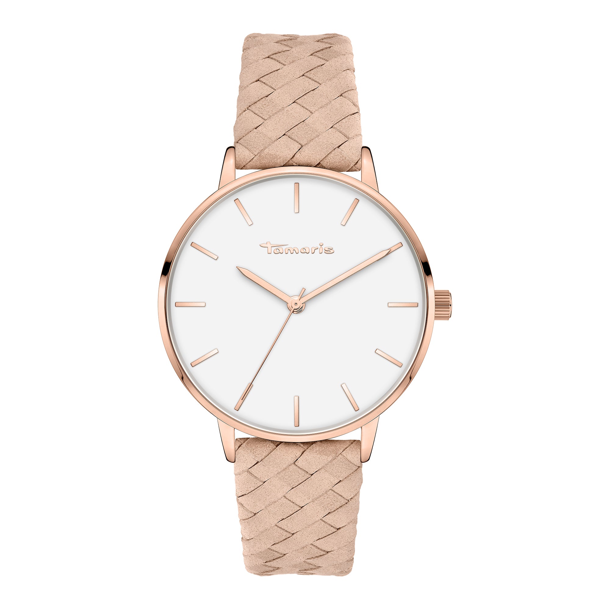 Tamaris Armbanduhr mit roségoldenem Gehäuse und Indizes und roségold geflochtenem Lederband Produktbild