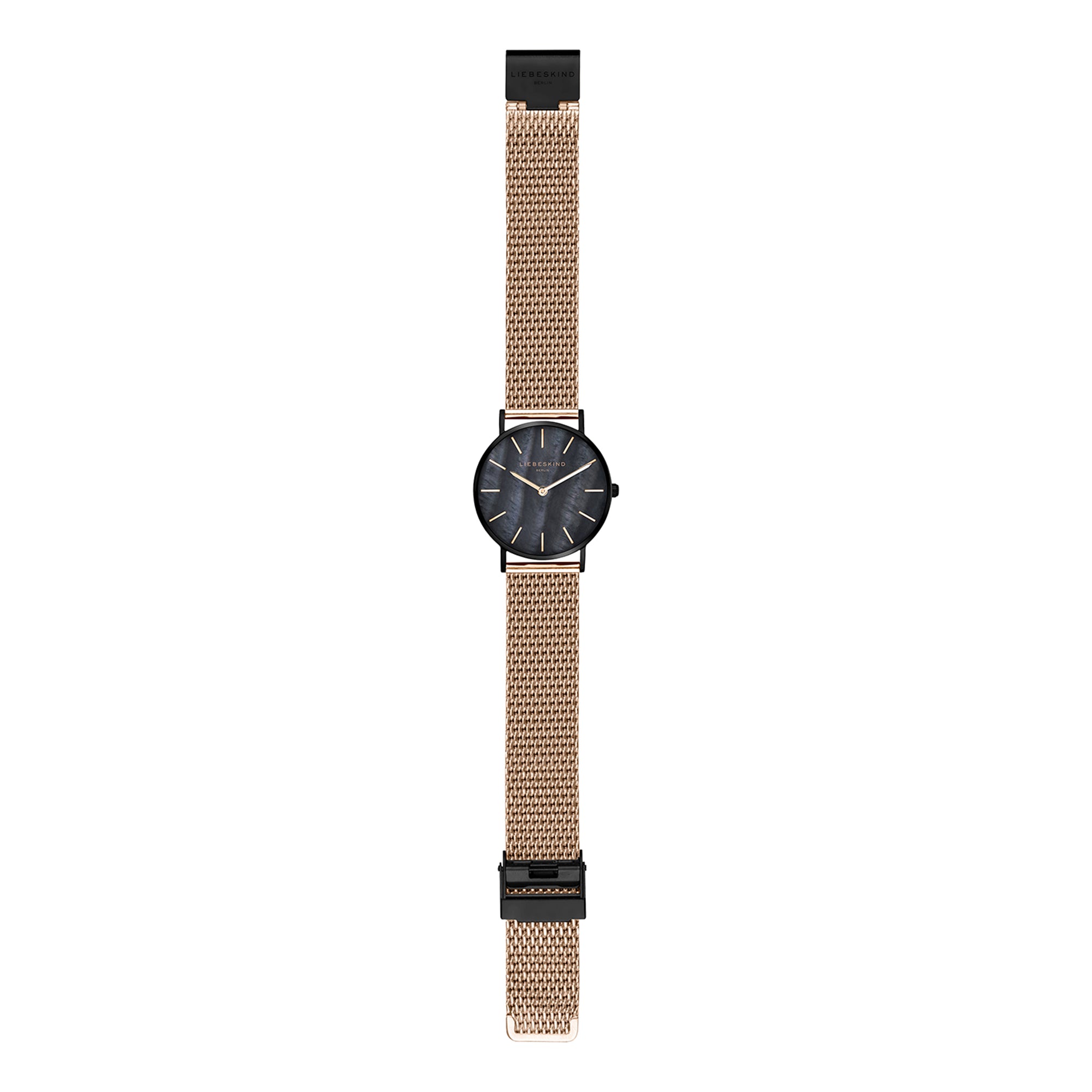 Liebeskind Berlin Armbanduhr mit schwarzem Perlmutt Zifferblatt, roségoldenen Indizes, schwarzem Gehäuse und roségoldenem Meshband; Zusatzbild