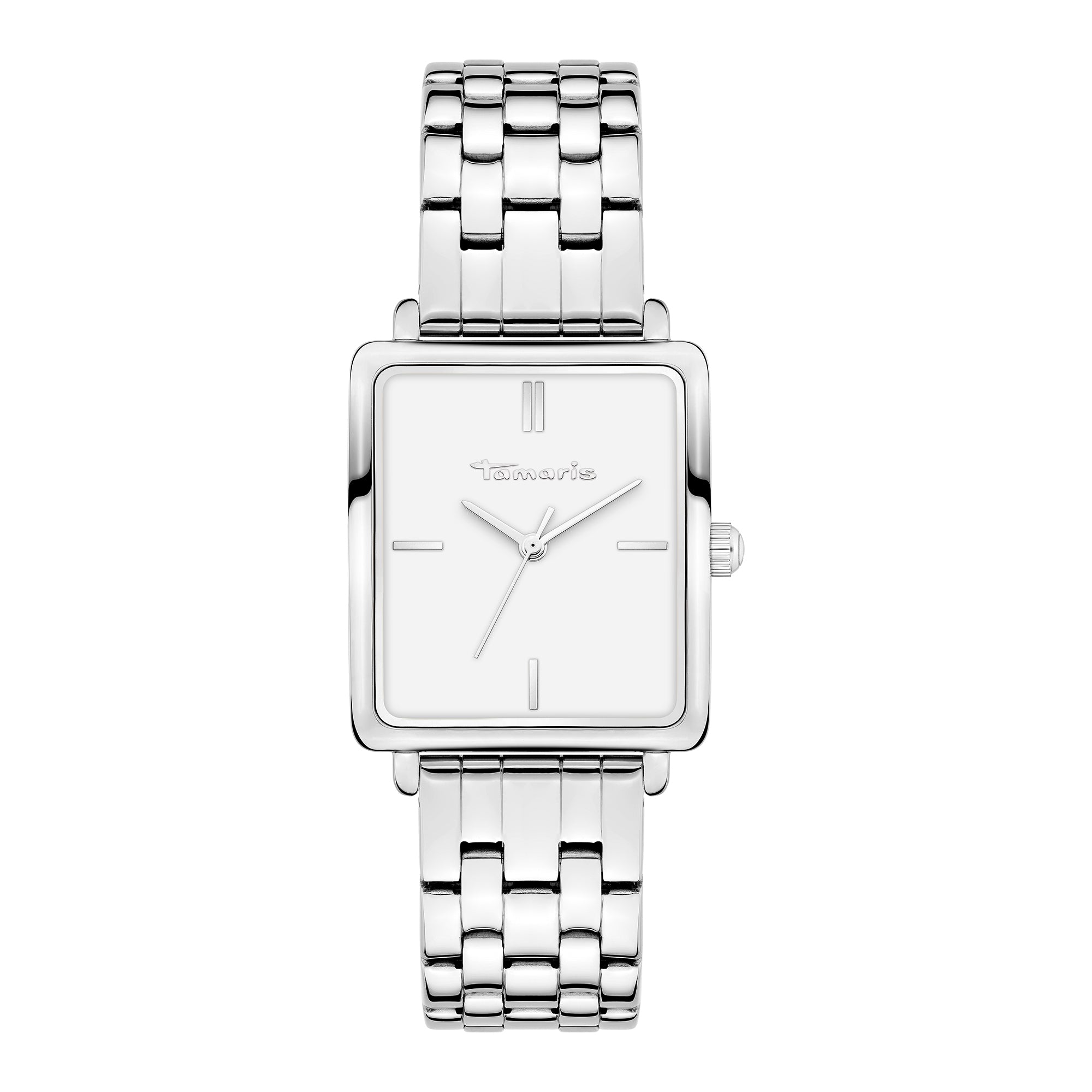 Tamaris Armbanduhr mit eckigem silbernem Gehäuse und silbernem Edelstahlband Produktbild