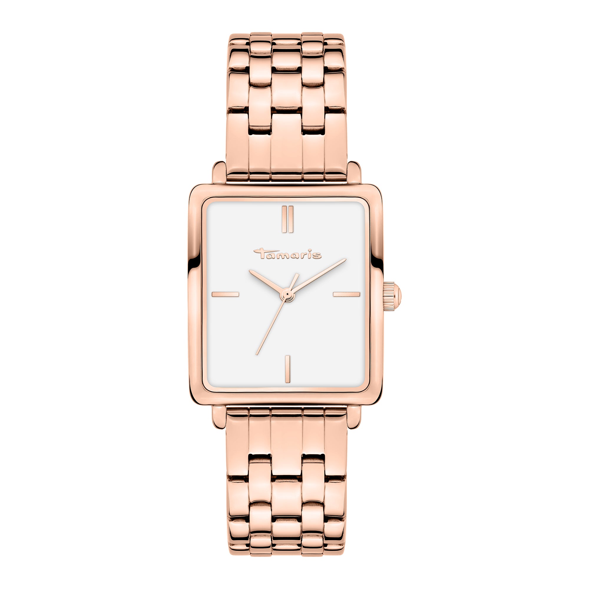 Tamaris Armbanduhr mit eckigem roségoldenem Gehäuse und roségoldenem Edelstahlband Produktbild