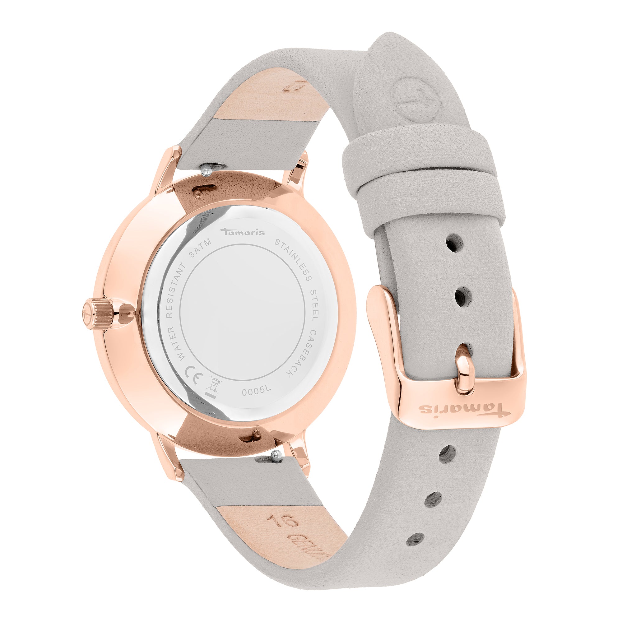 Tamaris Armbanduhr mit roségoldenem Gehäuse und Indizes und grauem Lederband Rückansicht