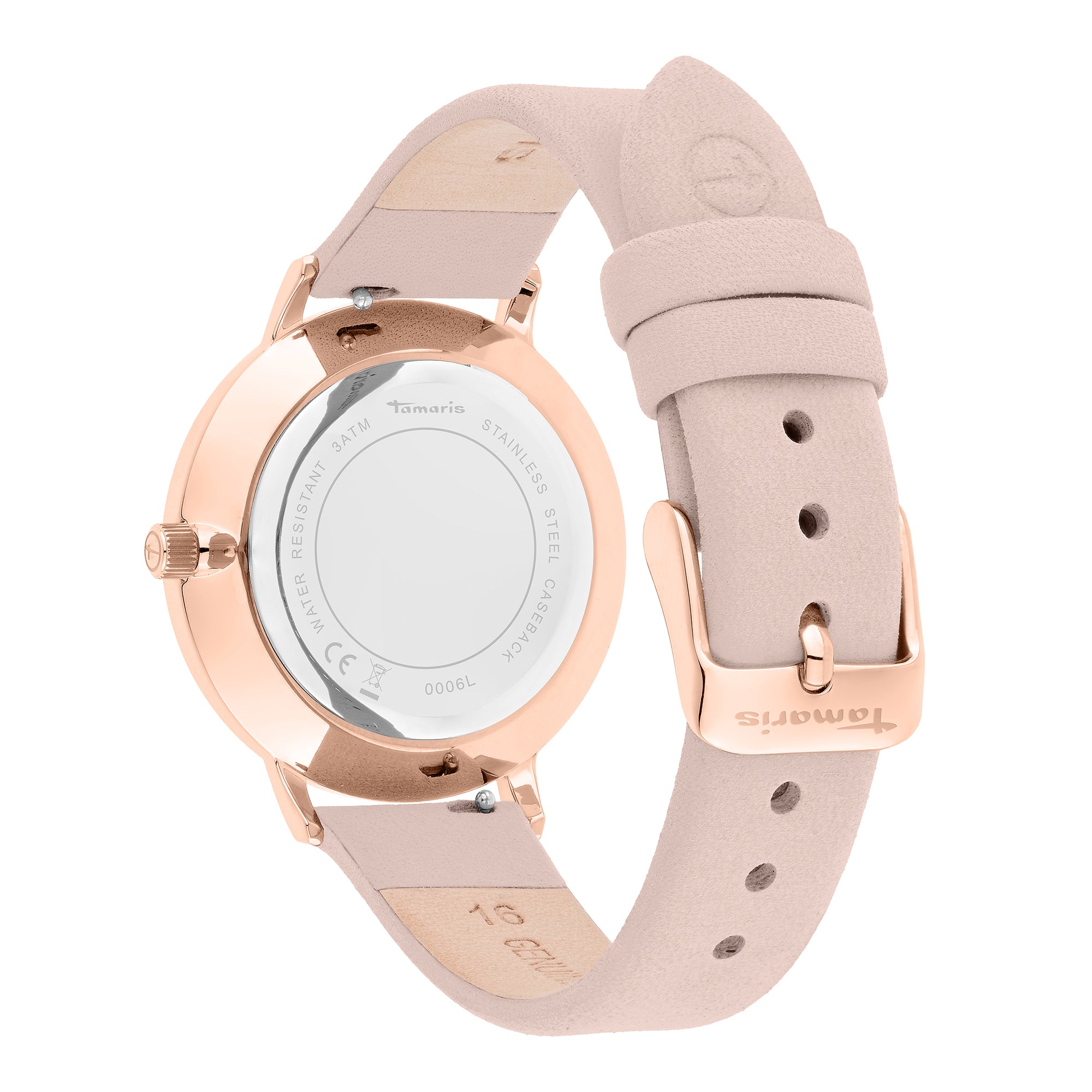 Tamaris Armbanduhr mit roségoldenem Gehäuse und Indizes und rosa Lederband Rückansicht