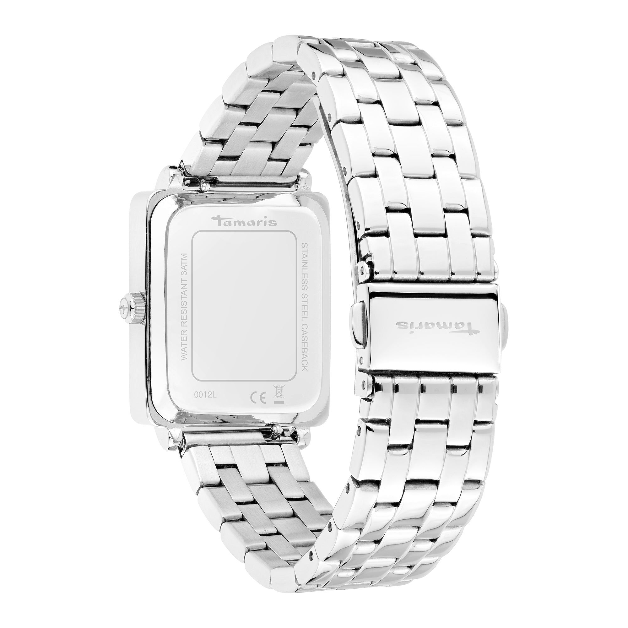 Tamaris Armbanduhr mit eckigem silbernem Gehäuse und silbernem Edelstahlband Rückansicht
