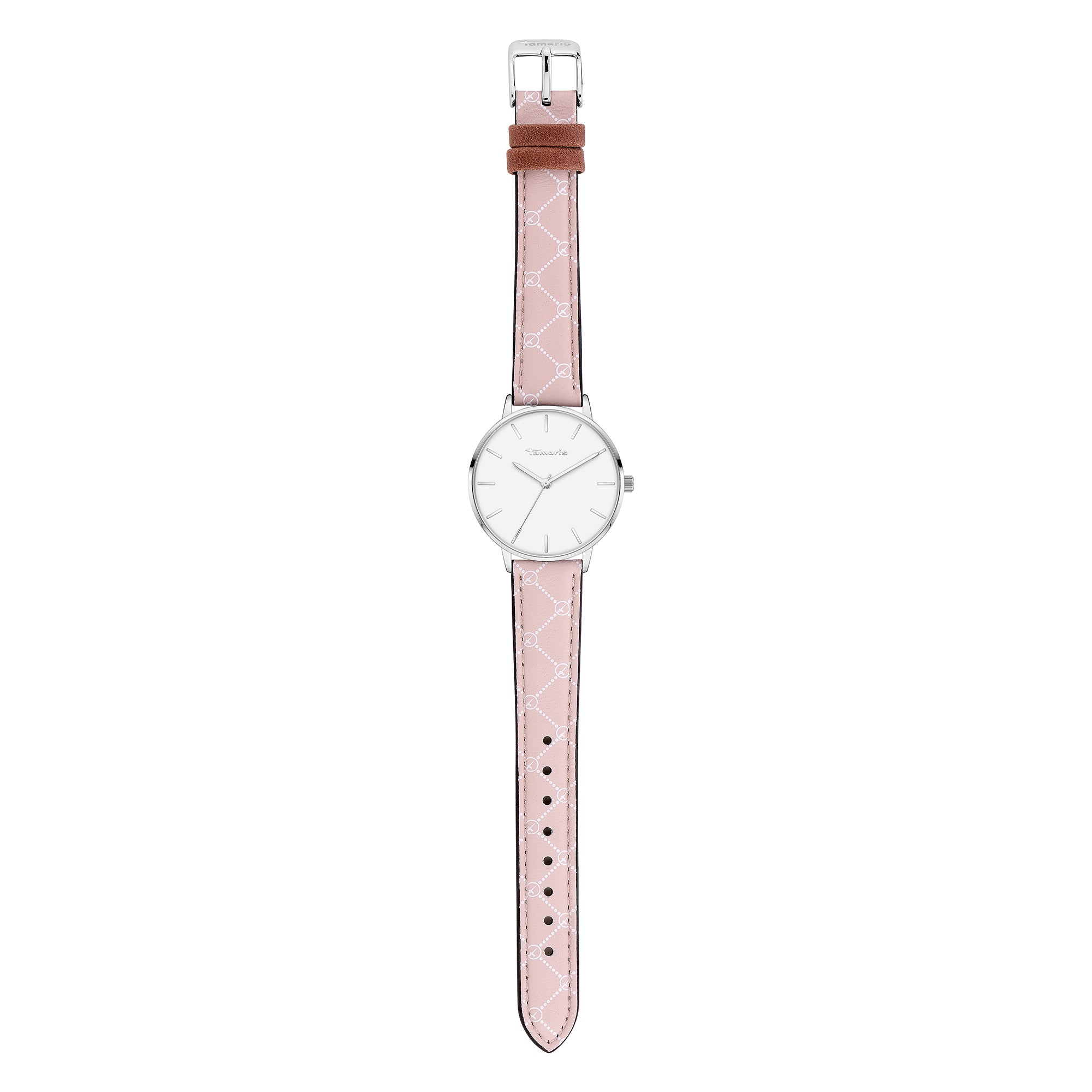 Tamaris Armbanduhr mit silbernem Gehäuse und rosa Lederband mit Logomania-Print Zusatzbild