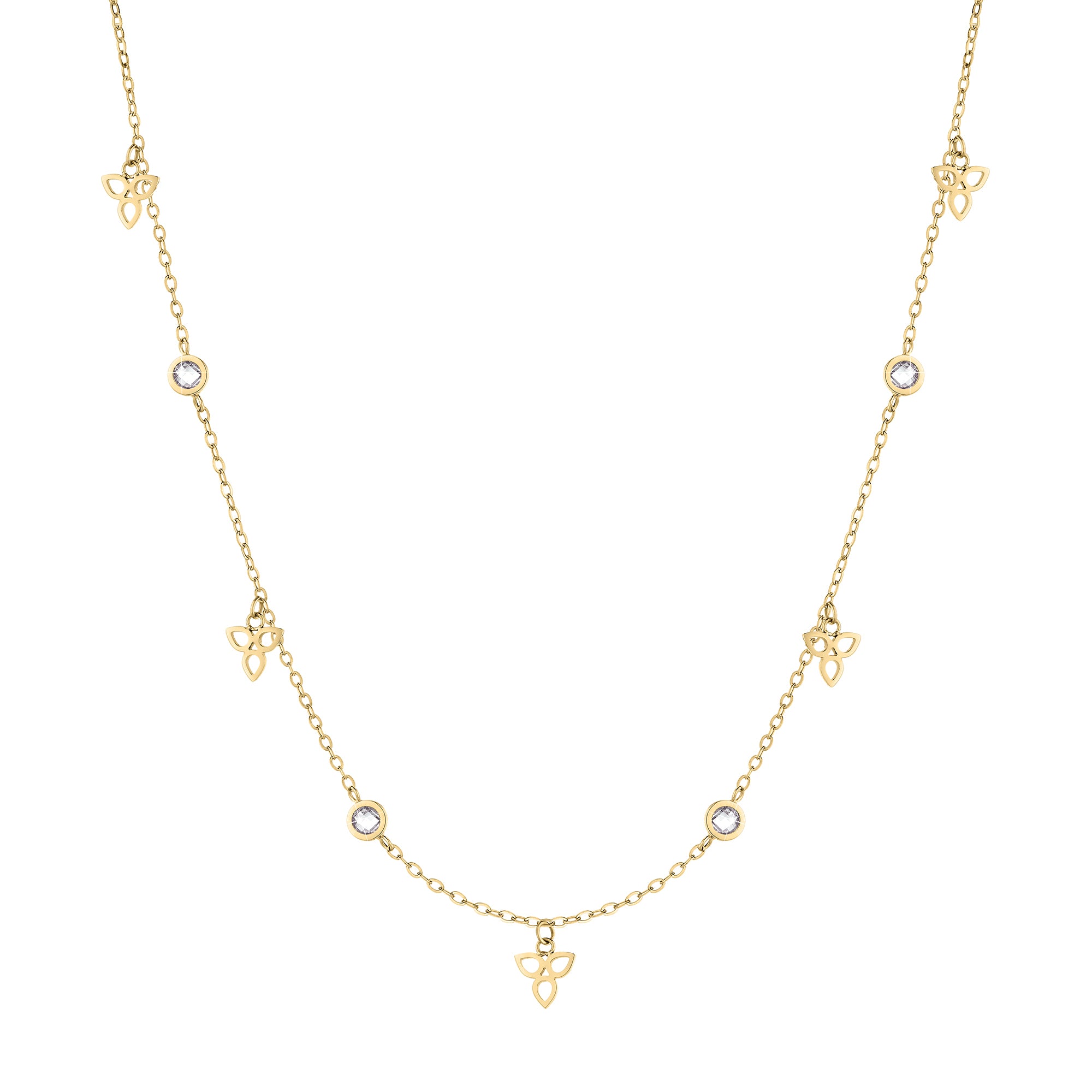 Die Tamaris Halskette - Flower von Tamaris zeichnet sich durch funkelnde Zirkoniasteine und zarte Trinity-Knoten-Anhänger aus, die gleichmäßig entlang der Goldkette verteilt sind und für ein elegantes Finish sorgen.