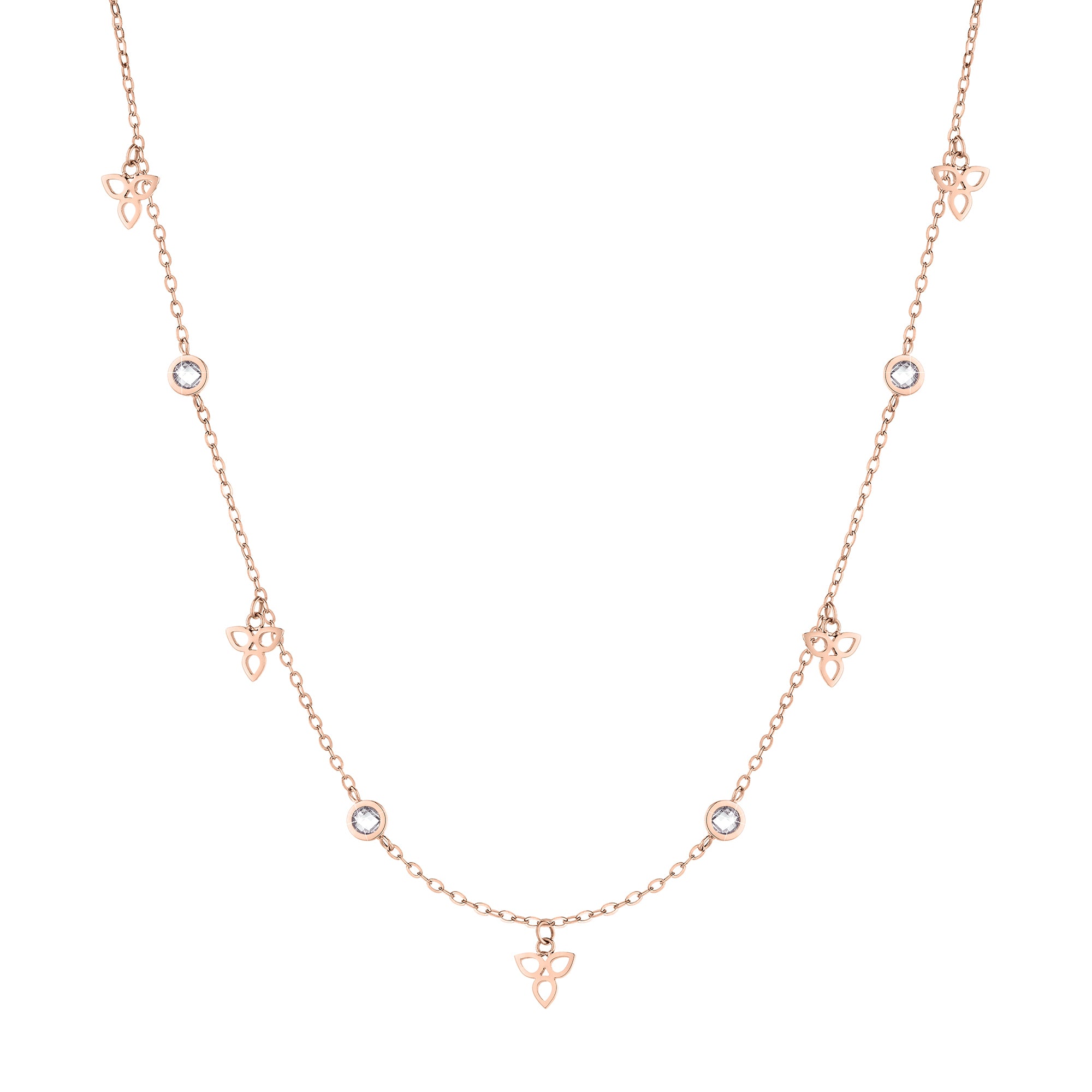 Die Tamaris Halskette - Flower von Tamaris hat ein roségoldenes Design mit kleinen Zirkoniasteinen und zarten Blumenanhängern, die entlang der Kette verteilt sind.