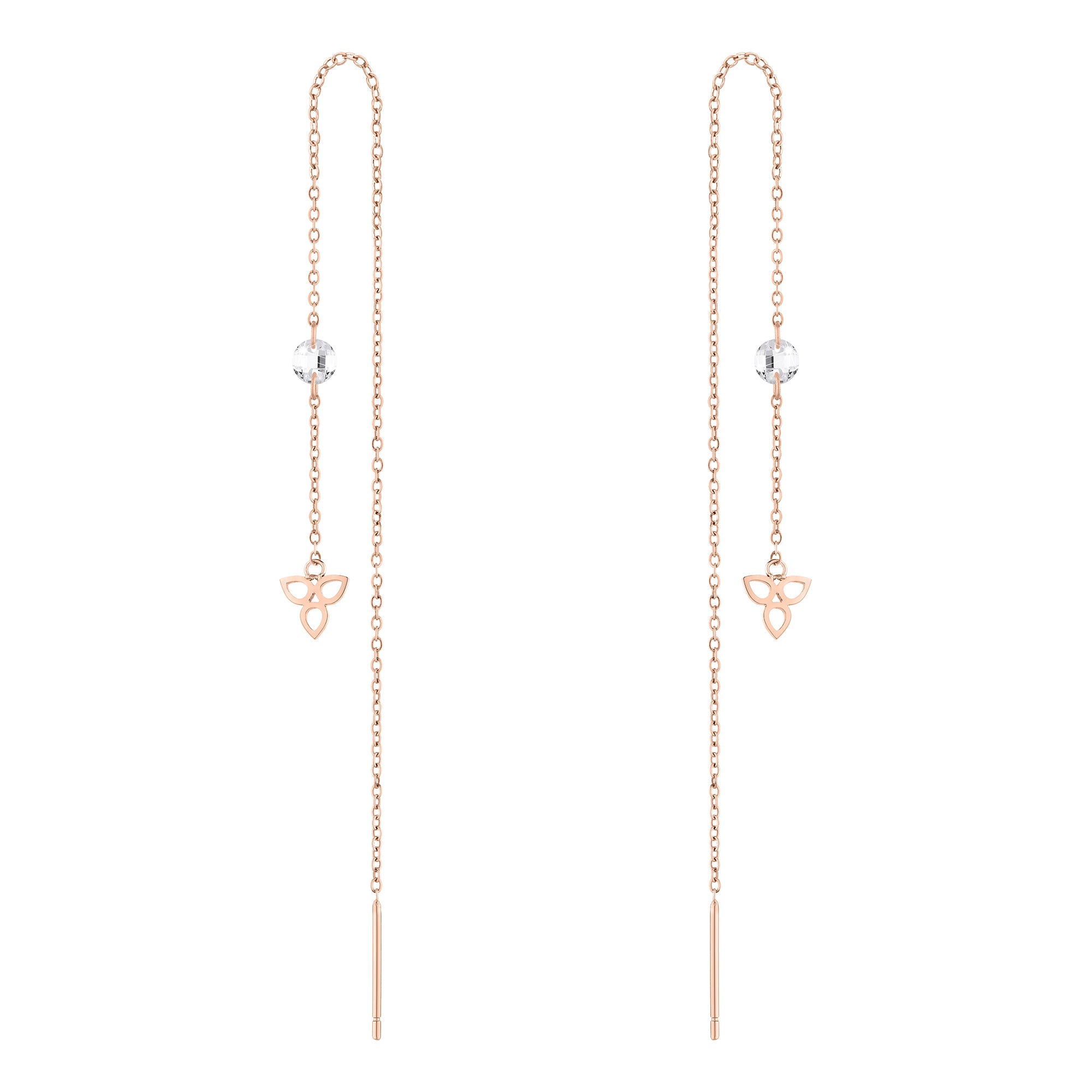 Die Tamaris Ohrhänger - Flower von Tamaris sind zarte, roségoldene Durchsteck-Ohrringe mit einem kleinen klaren Zirkoniastein und einem Trinity-Knoten-Anhänger an jeder Kette.