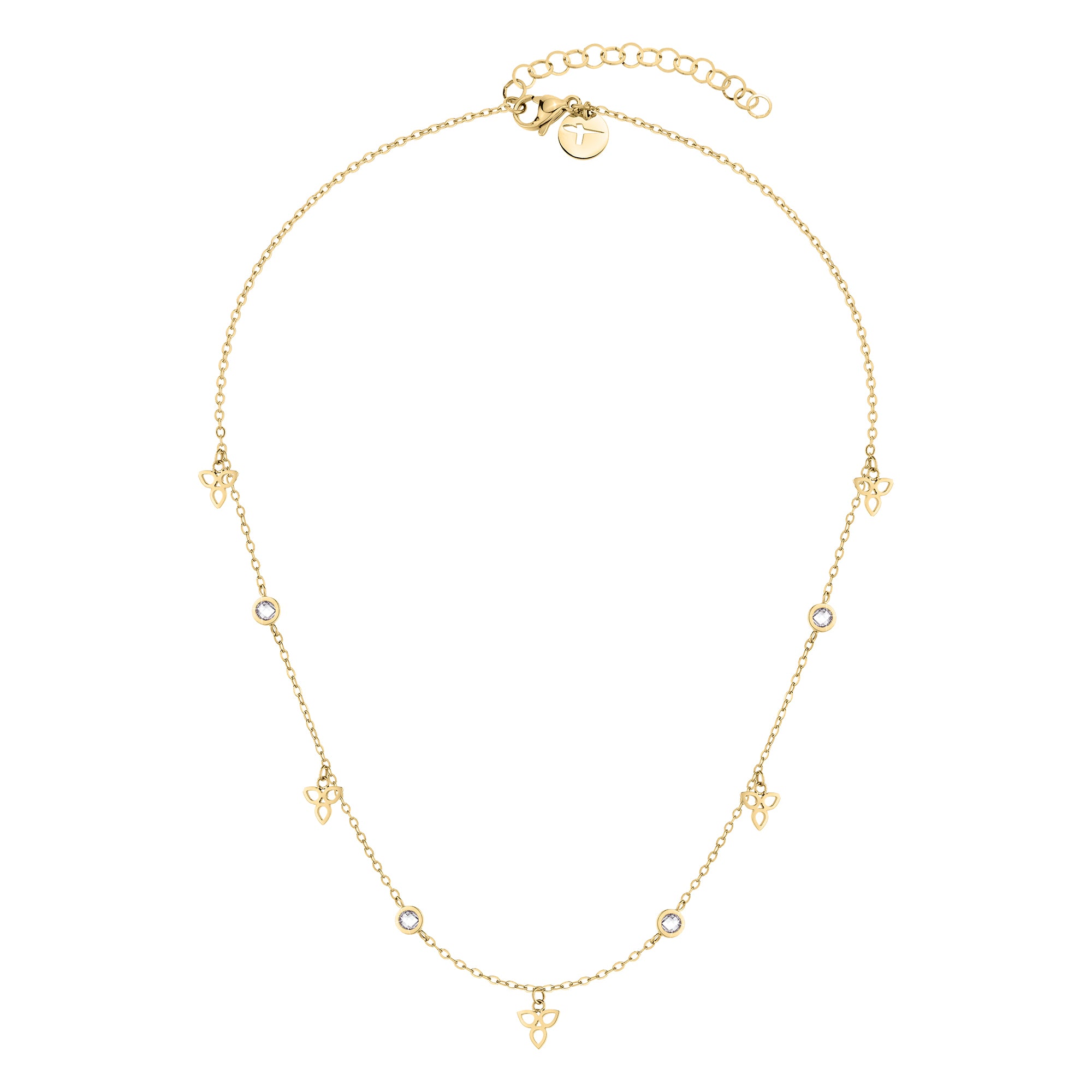 Die Tamaris Halskette - Flower von Tamaris ist eine goldene Halskette mit kleinen Herzanhängern, Blütenanhänger, funkelnden Zirkoniasteinen und einem verstellbaren Verschluss.