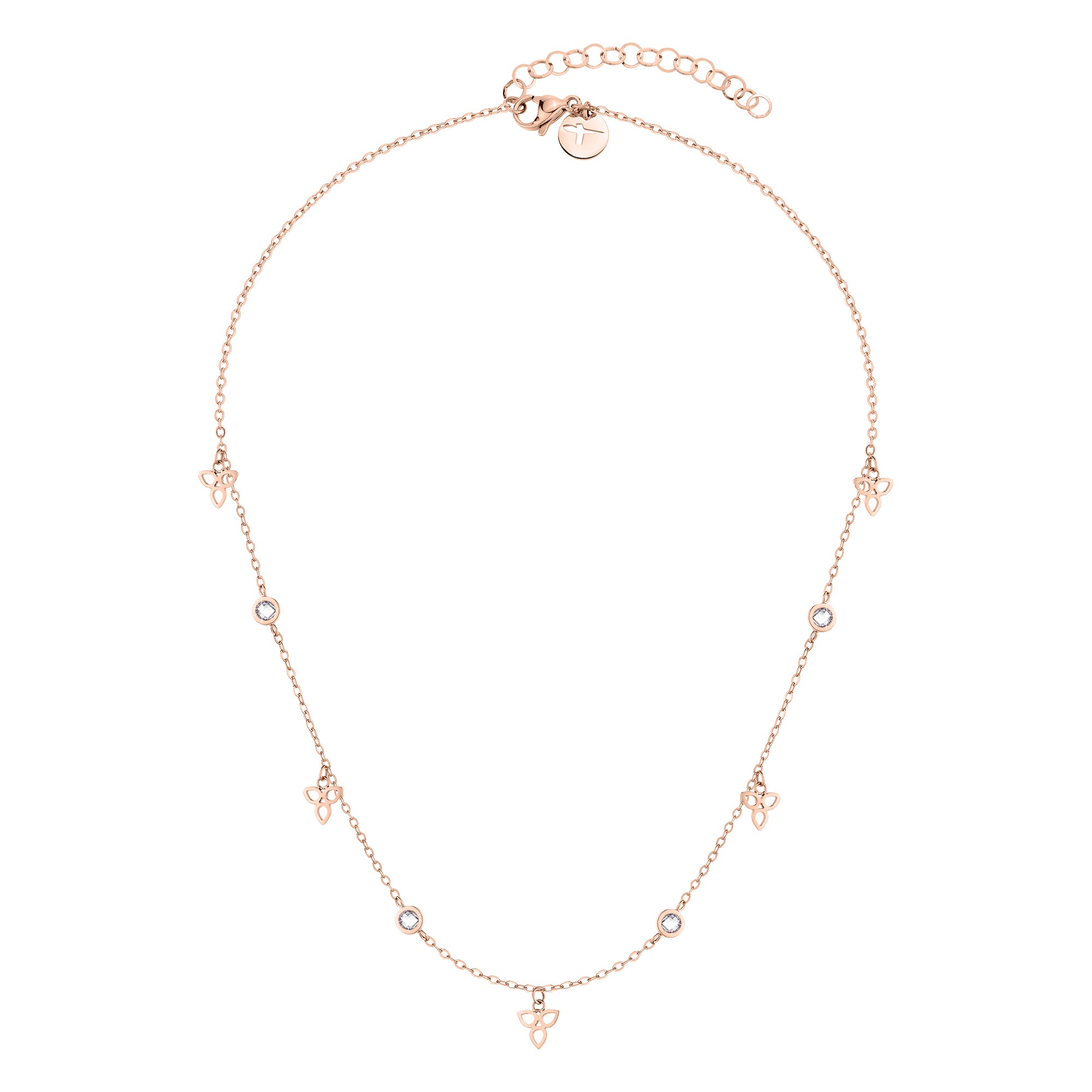 Die Tamaris Halskette - Flower ist eine zarte Goldkette mit blumenförmigen und runden Anhängern mit funkelnden Zirkoniasteinen, die gleichmäßig über die Kette verteilt sind.