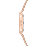 Tamaris Armbanduhr mit roségoldenem Gehäuse und Indizes und roségold geflochtenem Lederband Seitenansicht