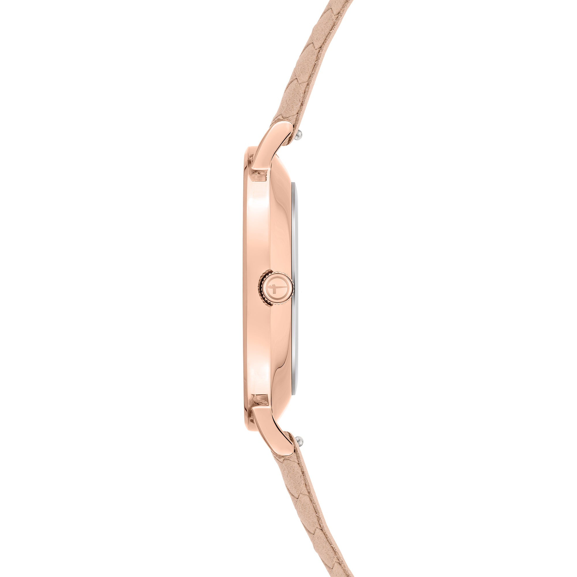 Tamaris Armbanduhr mit roségoldenem Gehäuse und Indizes und roségold geflochtenem Lederband Seitenansicht