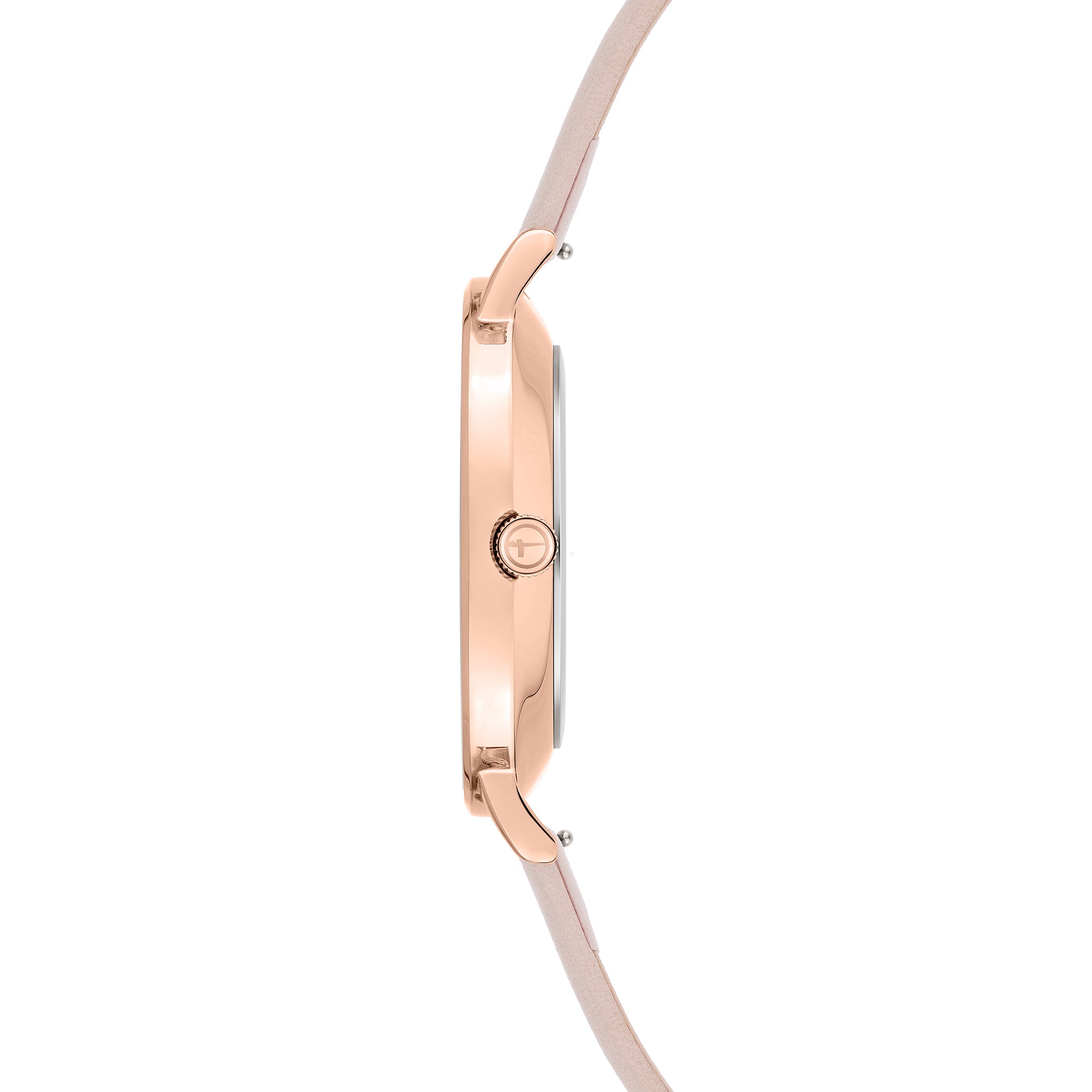 Tamaris Armbanduhr mit roségoldenem Gehäuse und Indizes und rosa Lederband Seitenansicht