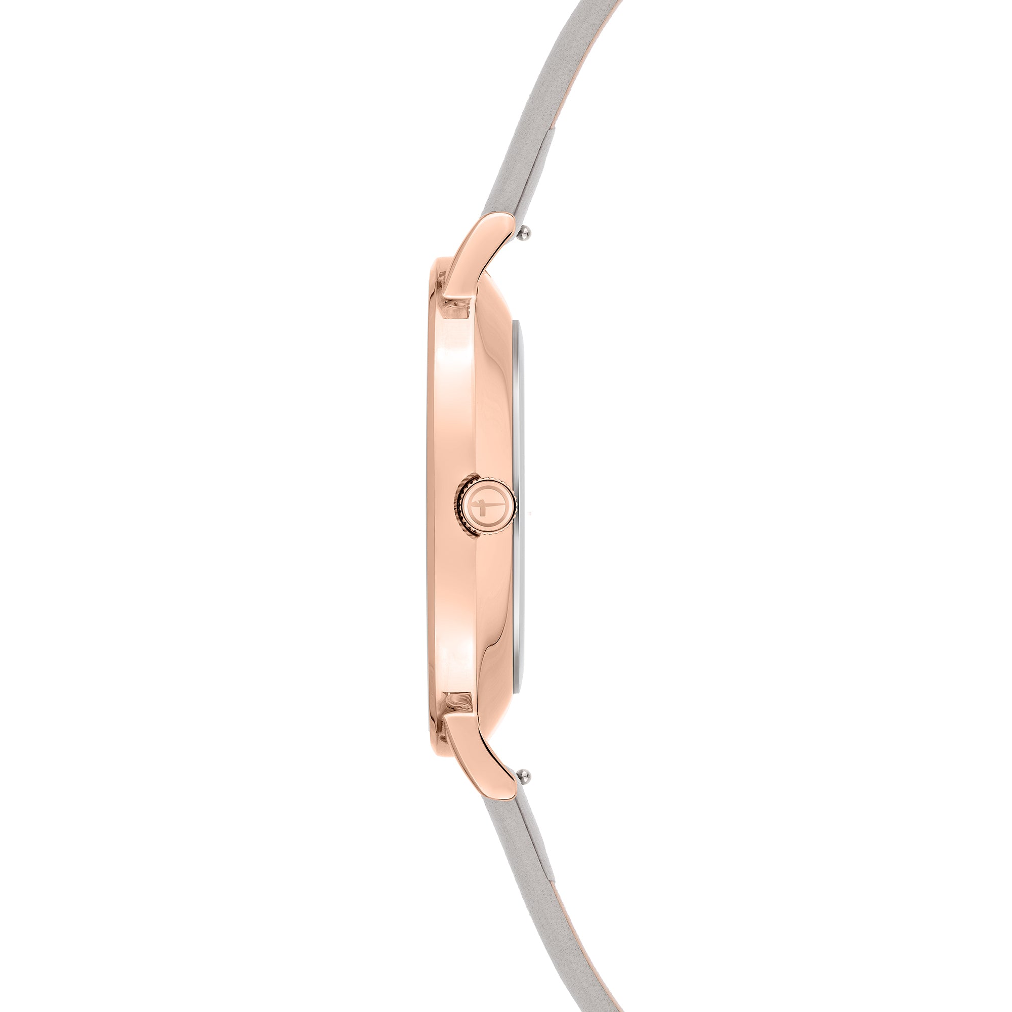 Tamaris Armbanduhr mit roségoldenem Gehäuse und Indizes und grauem Lederband Seitenansicht